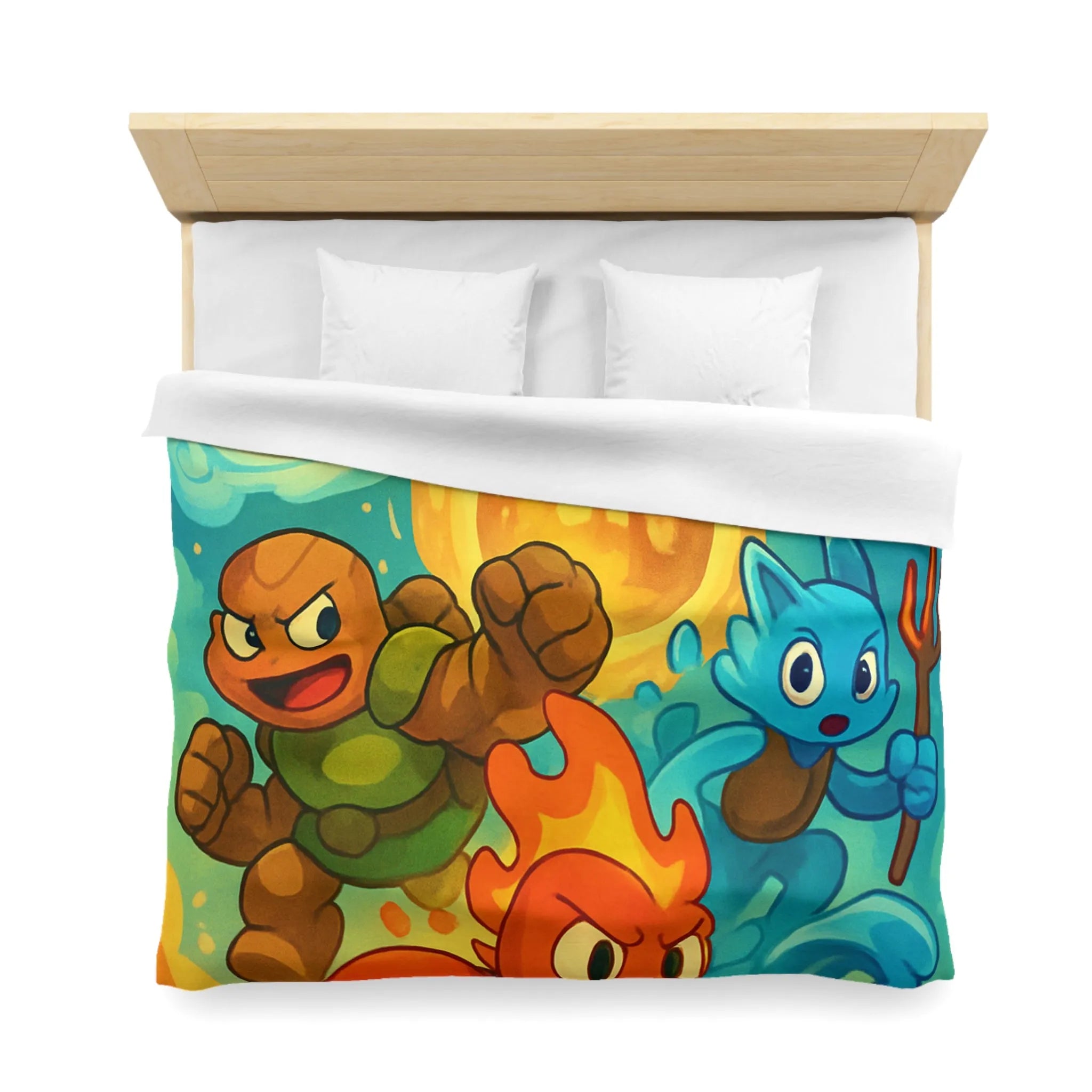 Housse de couette colorée avec motif de personnages d'éléments dans style aventure fantastique