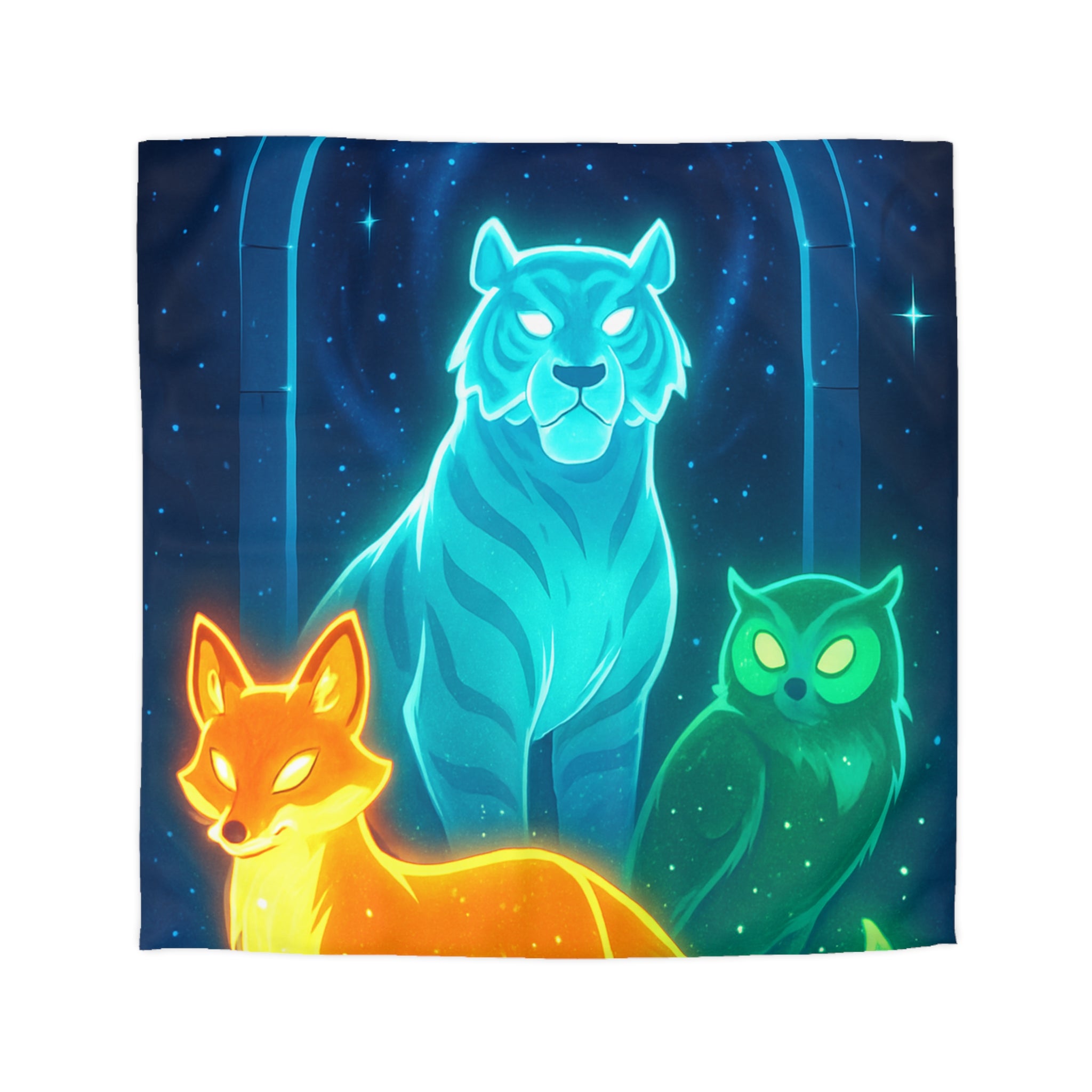Mystérieuse housse de couette avec renard orange, tigre bleu, et hibou lumineux