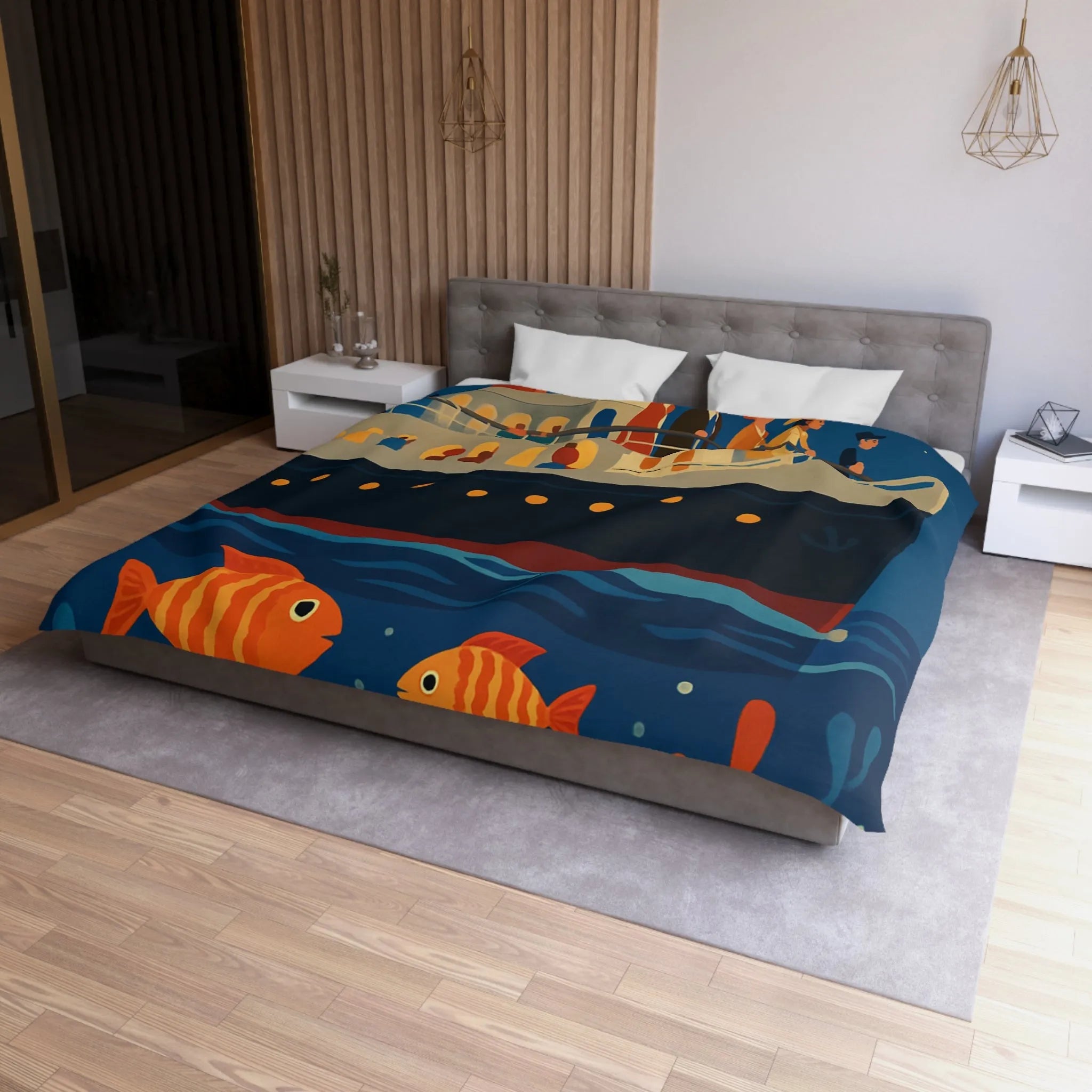 Housse de couette bateau rétro, poissons colorés, ambiance marine, nuit étoilée