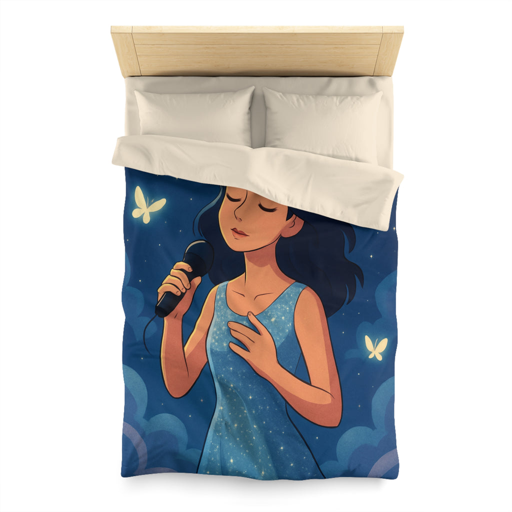 Housse de couette rêveuse avec chanteuse, papillons, lune et ciel étoilé bleu