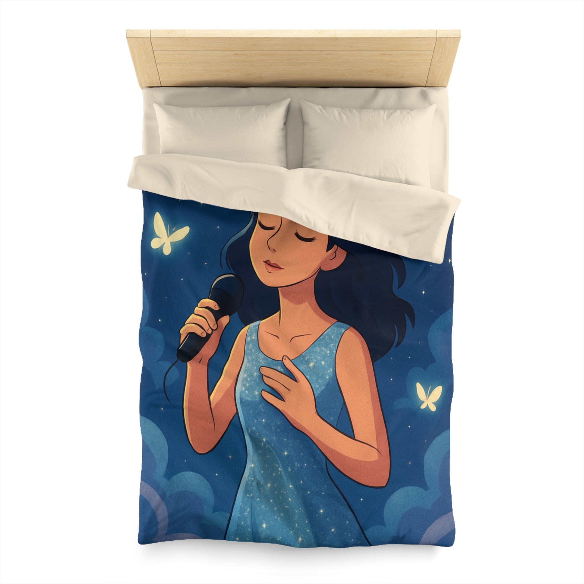 Housse de couette rêveuse avec chanteuse, papillons, lune et ciel étoilé bleu