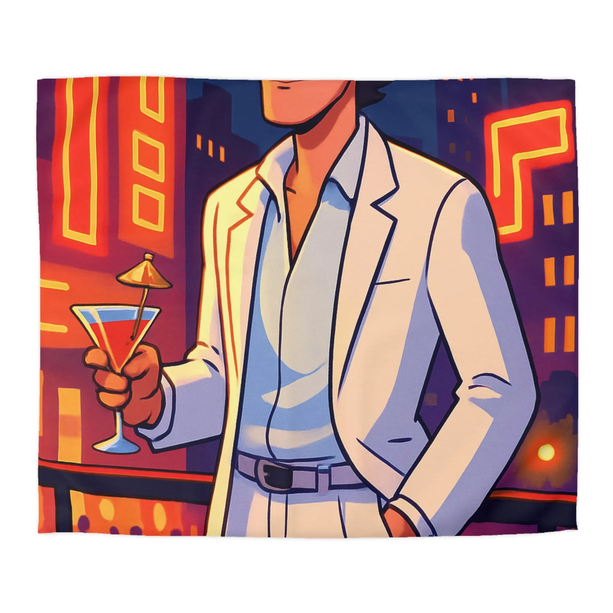 Housse de Couette Élégante avec Illustration Nocturne, Martini et Élégant Costume Blanc