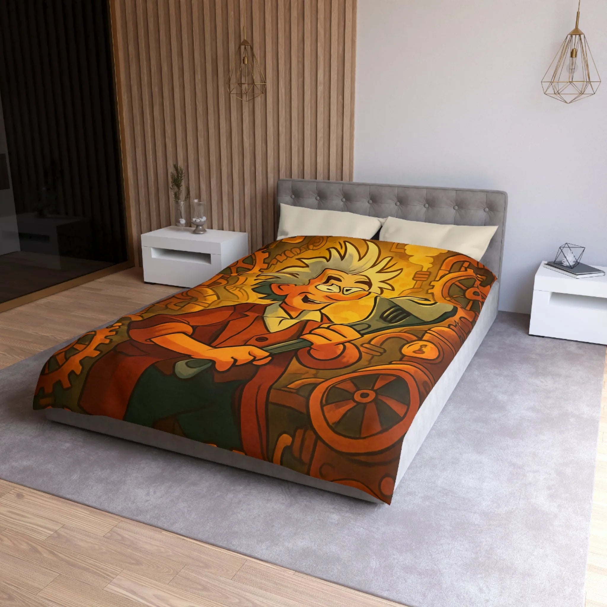 Housse de couette au style rétro avec inventeur animé dans un atelier coloré