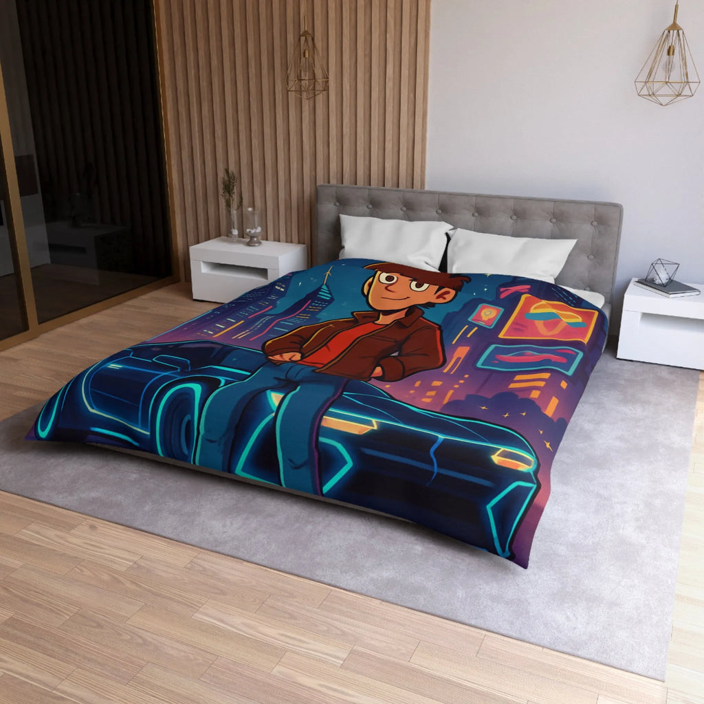 Housse de Couette Future Enfant Ville Nocturne Néons Jeune Garçon et Voiture