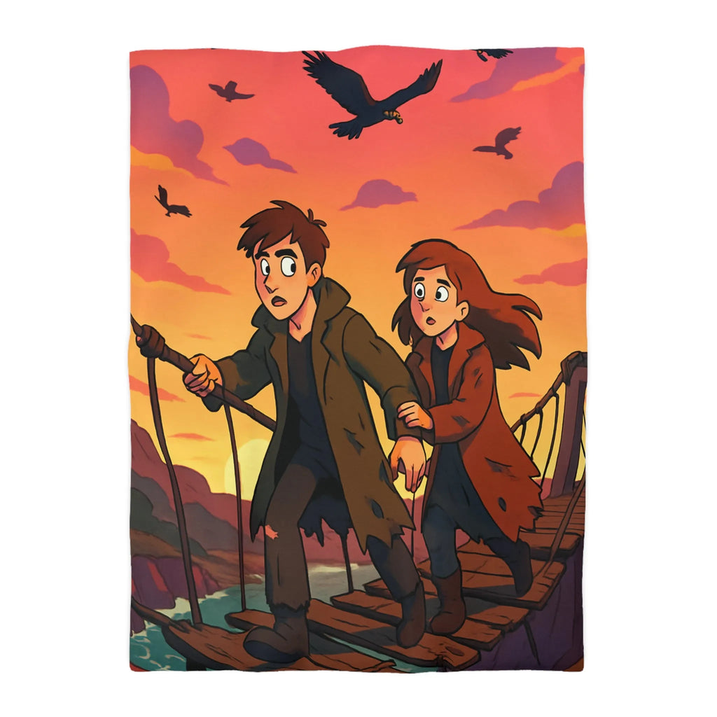 Housse de couette avec pont suspendu et ciel orange au coucher du soleil