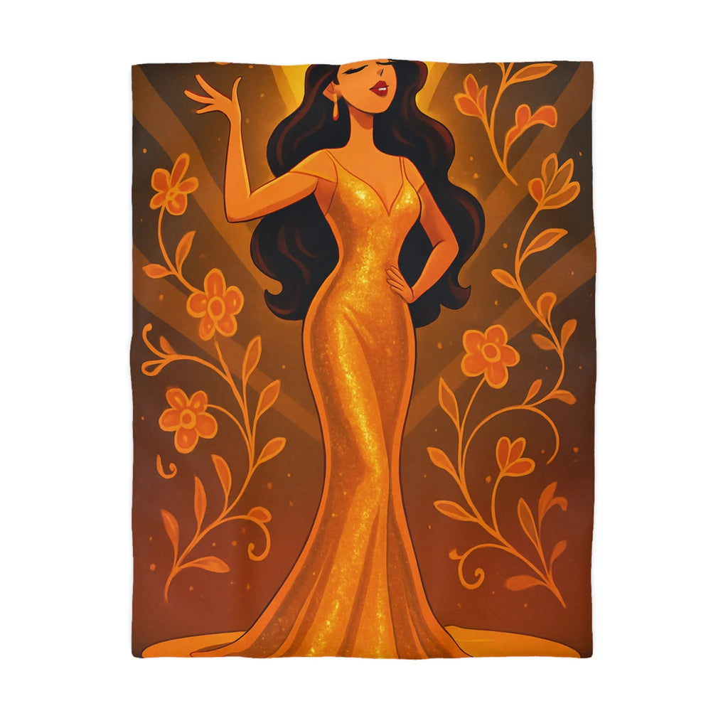 Élégante illustration de femme en robe dorée longue avec fleurs et effets lumineux