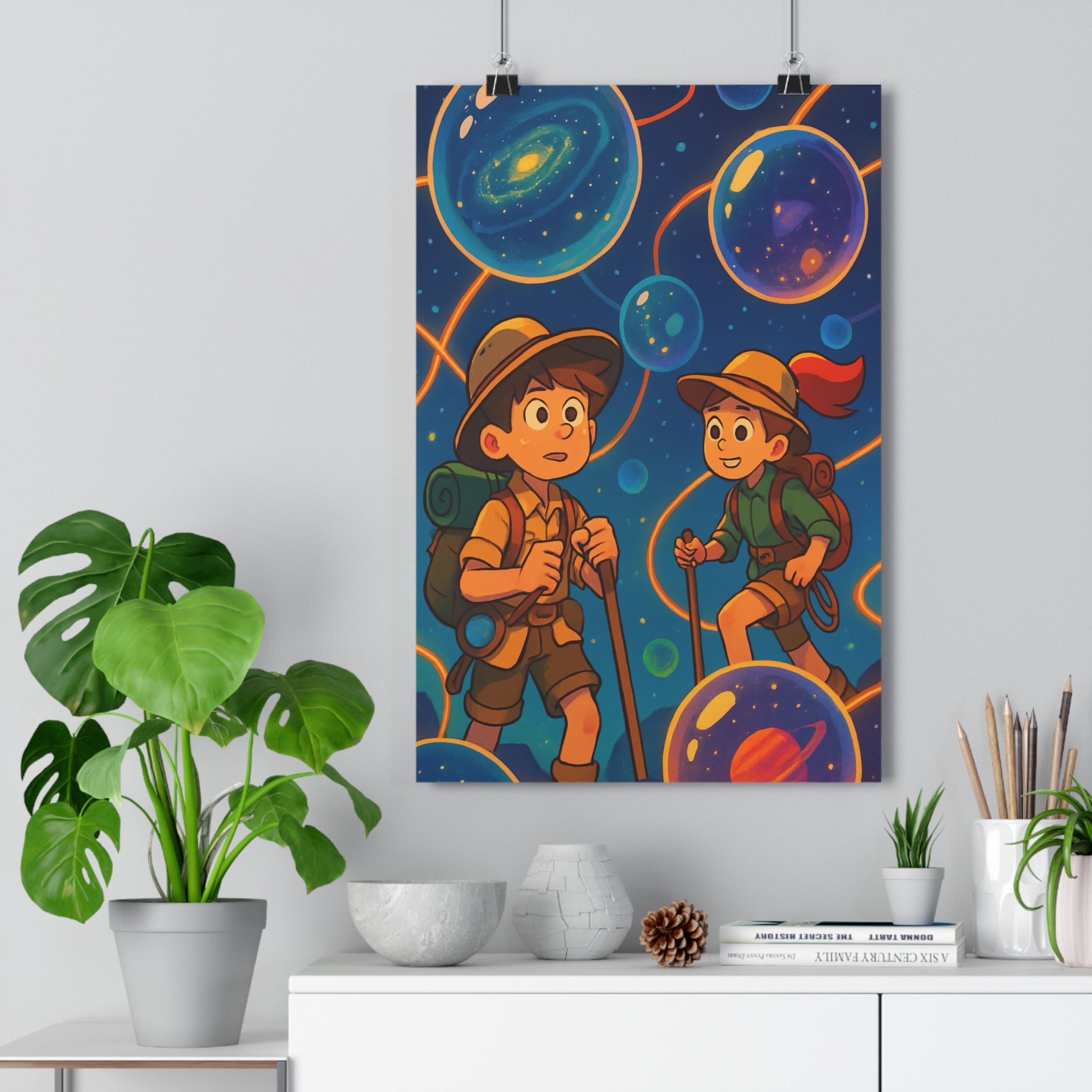 Poster décoratif aventure bleu enfant fantaisie exploration univers aventure moderne sphères galaxies créatif 30x46