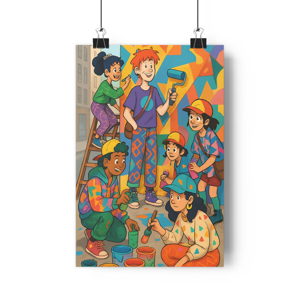 Poster décoratif cartoon urbain bleu jaune orange joyeux salon chambre bureau design créatif peinture