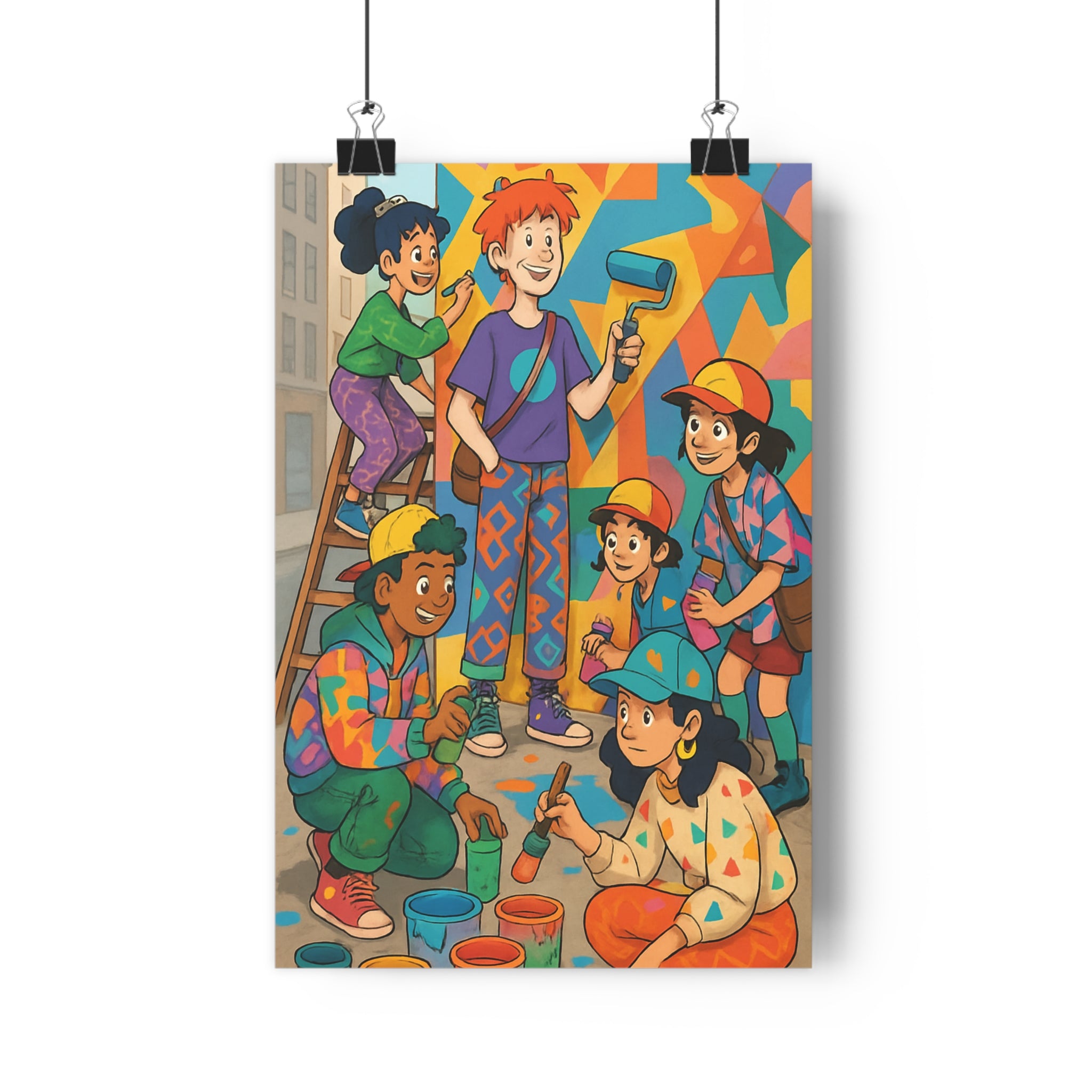 Poster décoratif cartoon urbain bleu jaune orange joyeux salon chambre bureau design créatif peinture