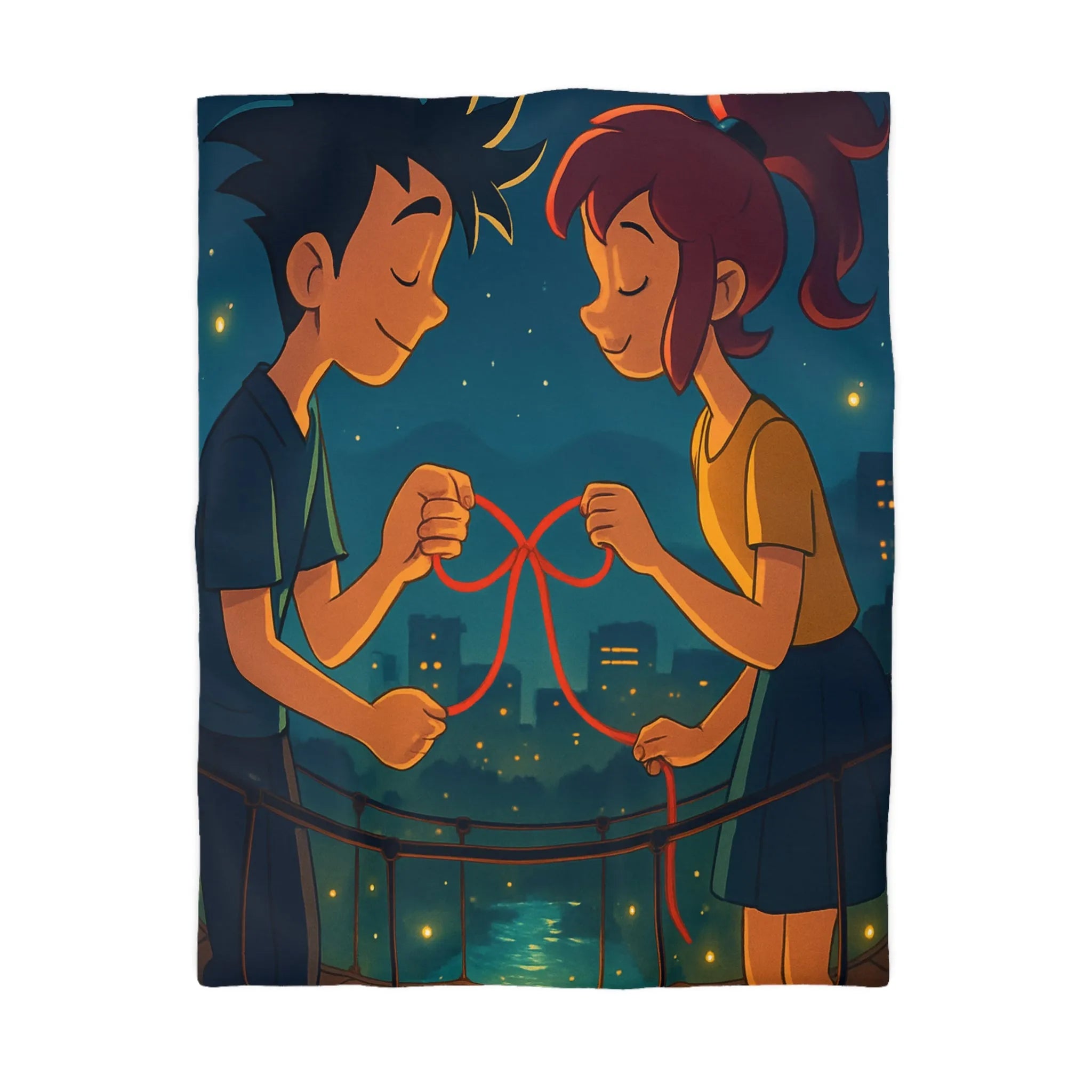 Housse de couette animée couple amoureux sur pont au-dessus d'une ville étoilée