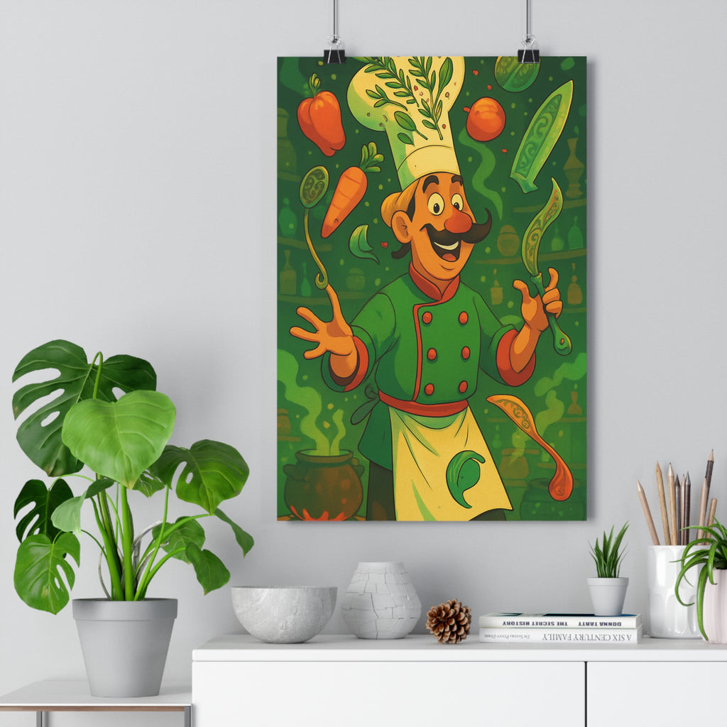 Poster décoratif vert orange cartoon mystique joyeux cuisine énergie créatif vibrant unique fantaisie dynamique