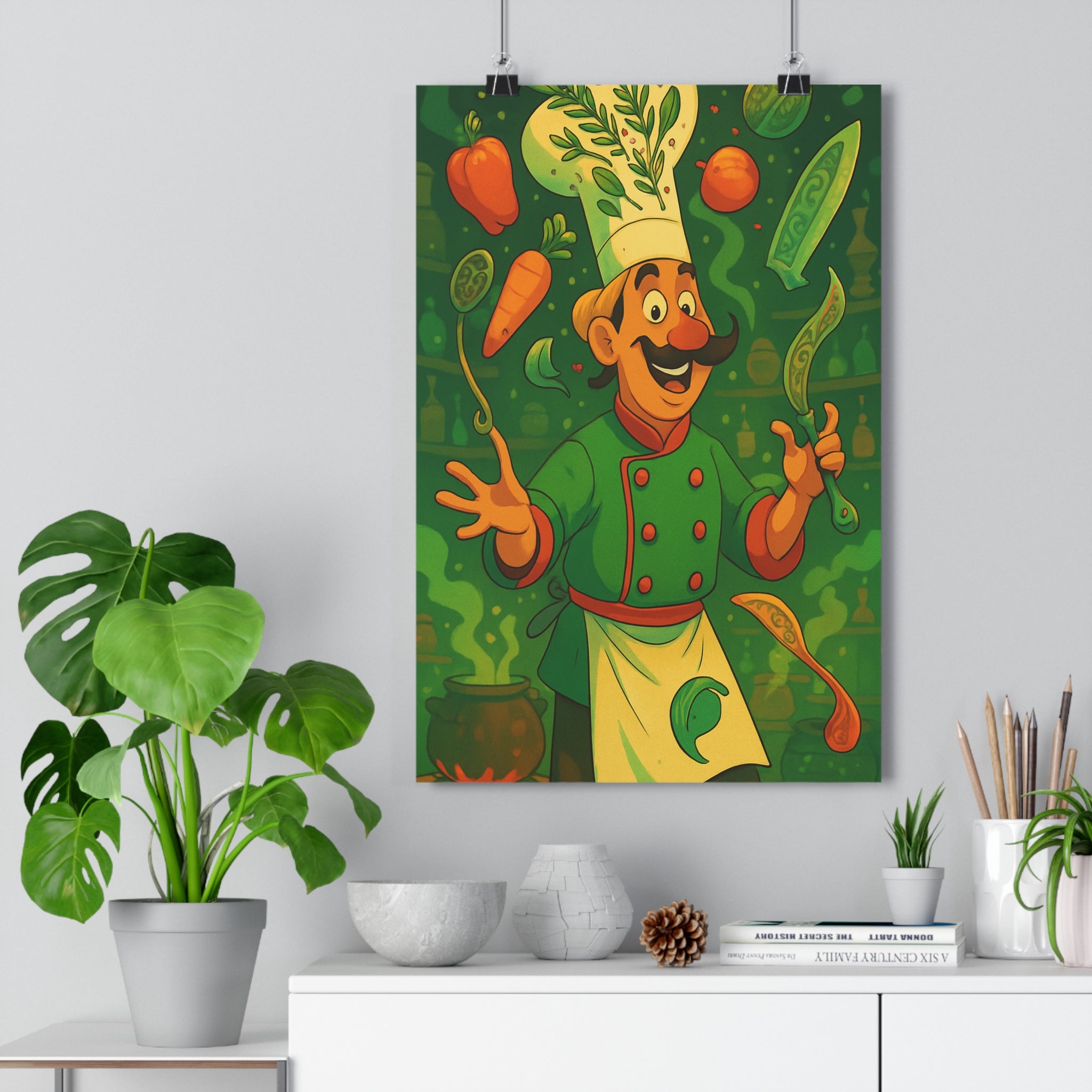 Poster décoratif vert orange cartoon mystique joyeux cuisine énergie créatif vibrant unique fantaisie dynamique