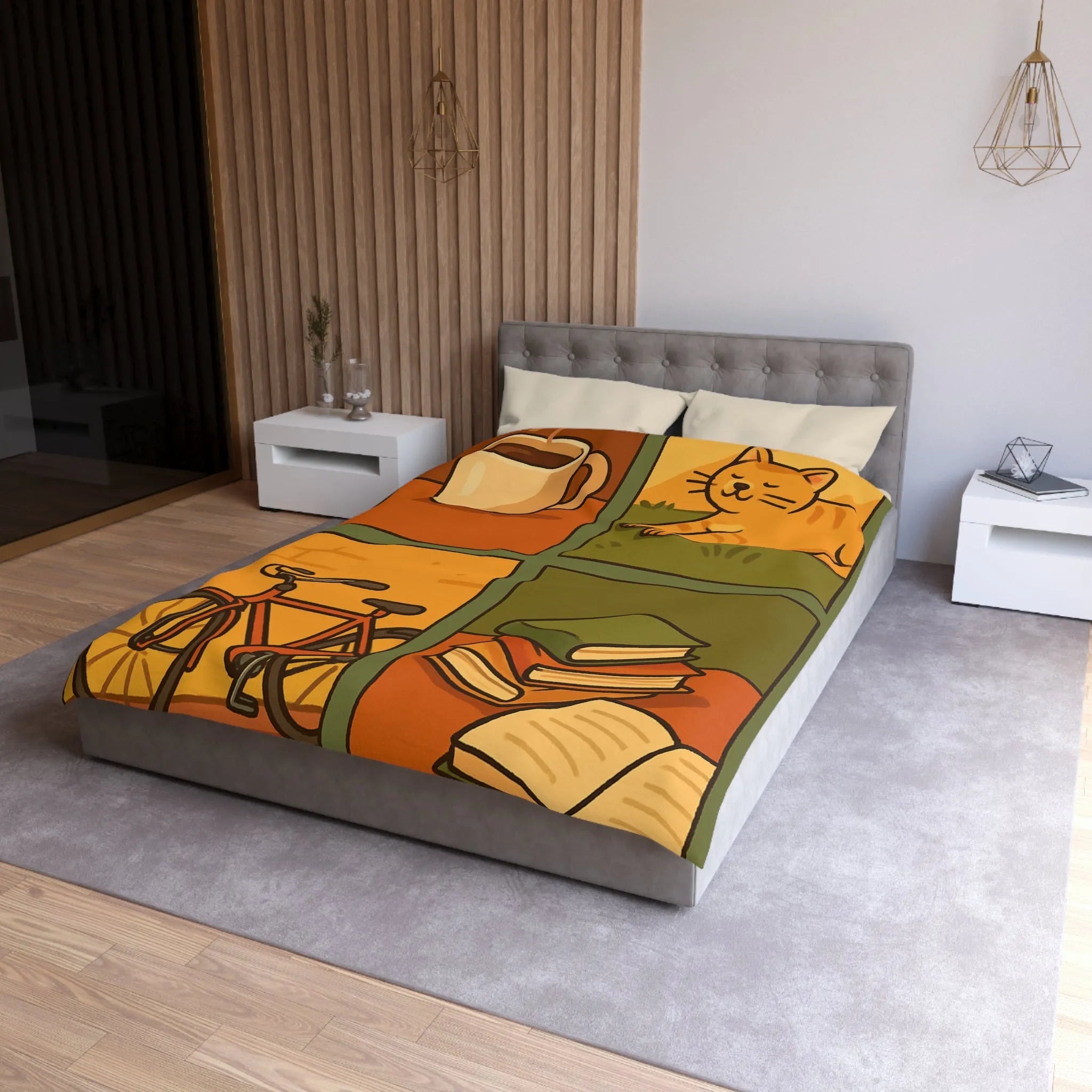 Housse de Couette Décontractée avec Chat Orange, Café, Vélo et Livres Colorés