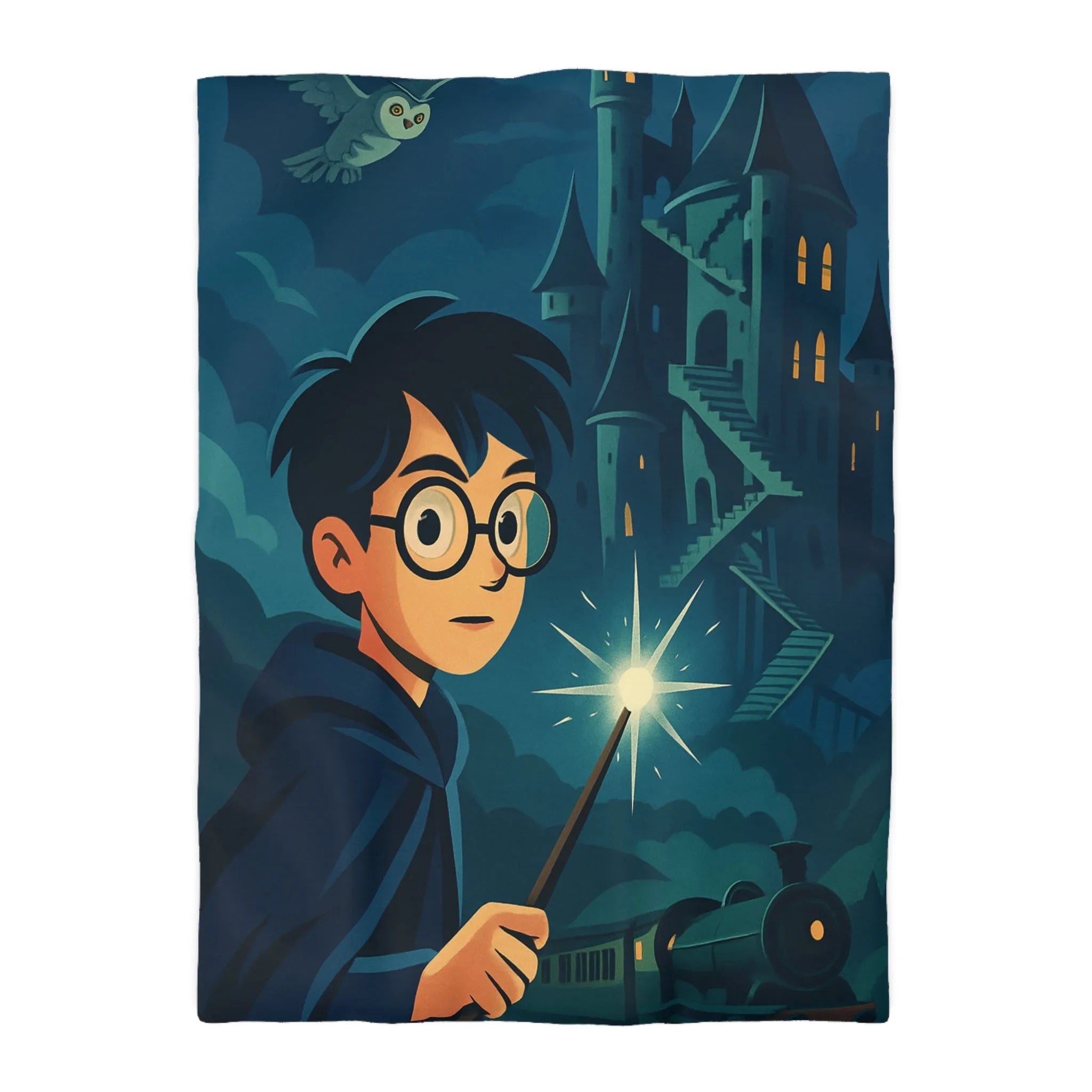 Housse de couette magique avec garçon, château mystérieux et train dans la nuit étoilée