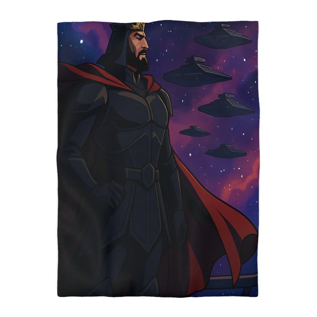 Housse de couette épique guerre galactique avec personnage en cape et vaisseaux spatiaux