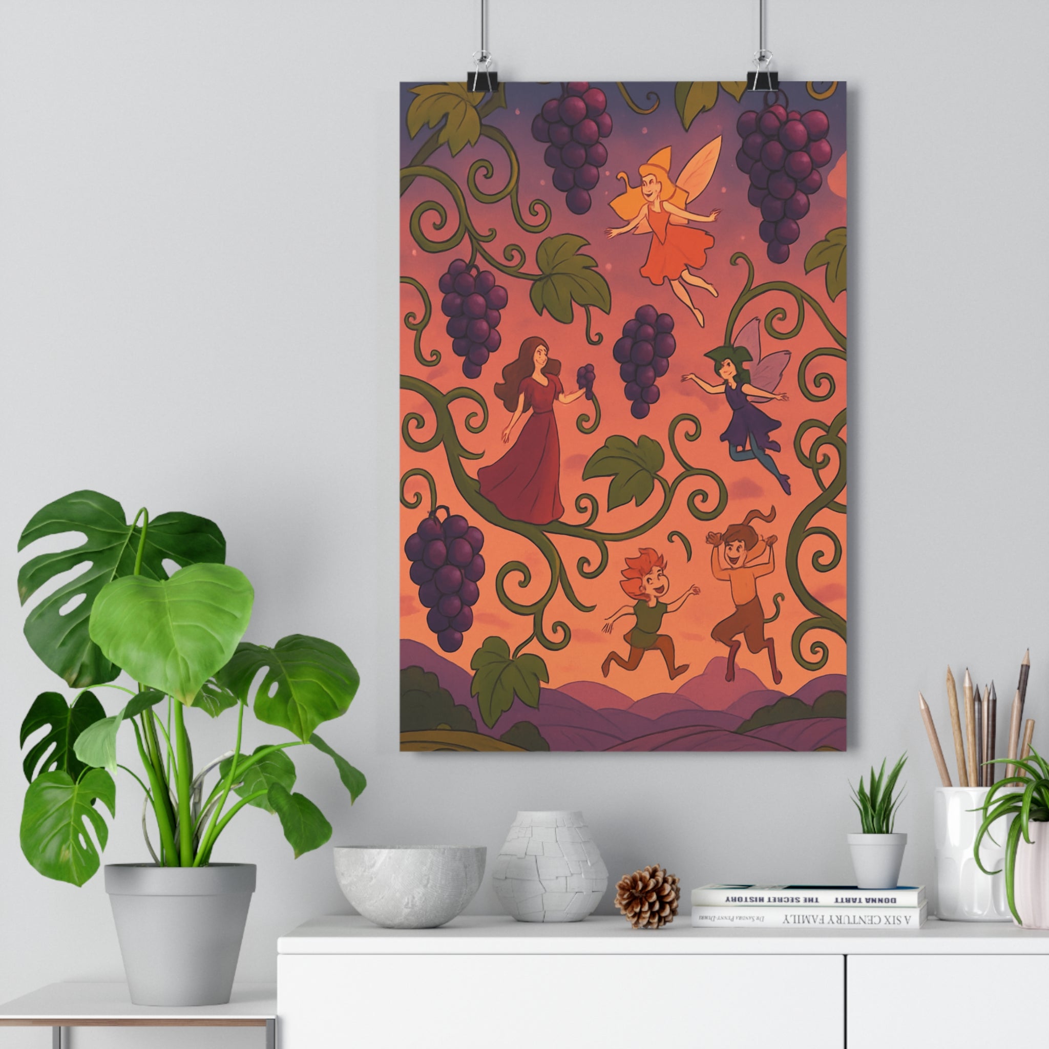 Poster décoratif fantastique fées personnages mythiques rose orange chambre enfant magique cartoon vibrant enchanteur