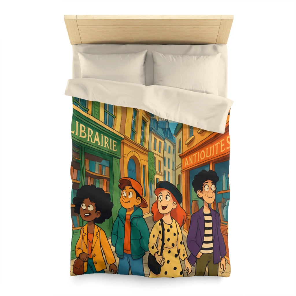 Housse de couette élégante avec design de rue parisienne animée et jeunes explorateurs