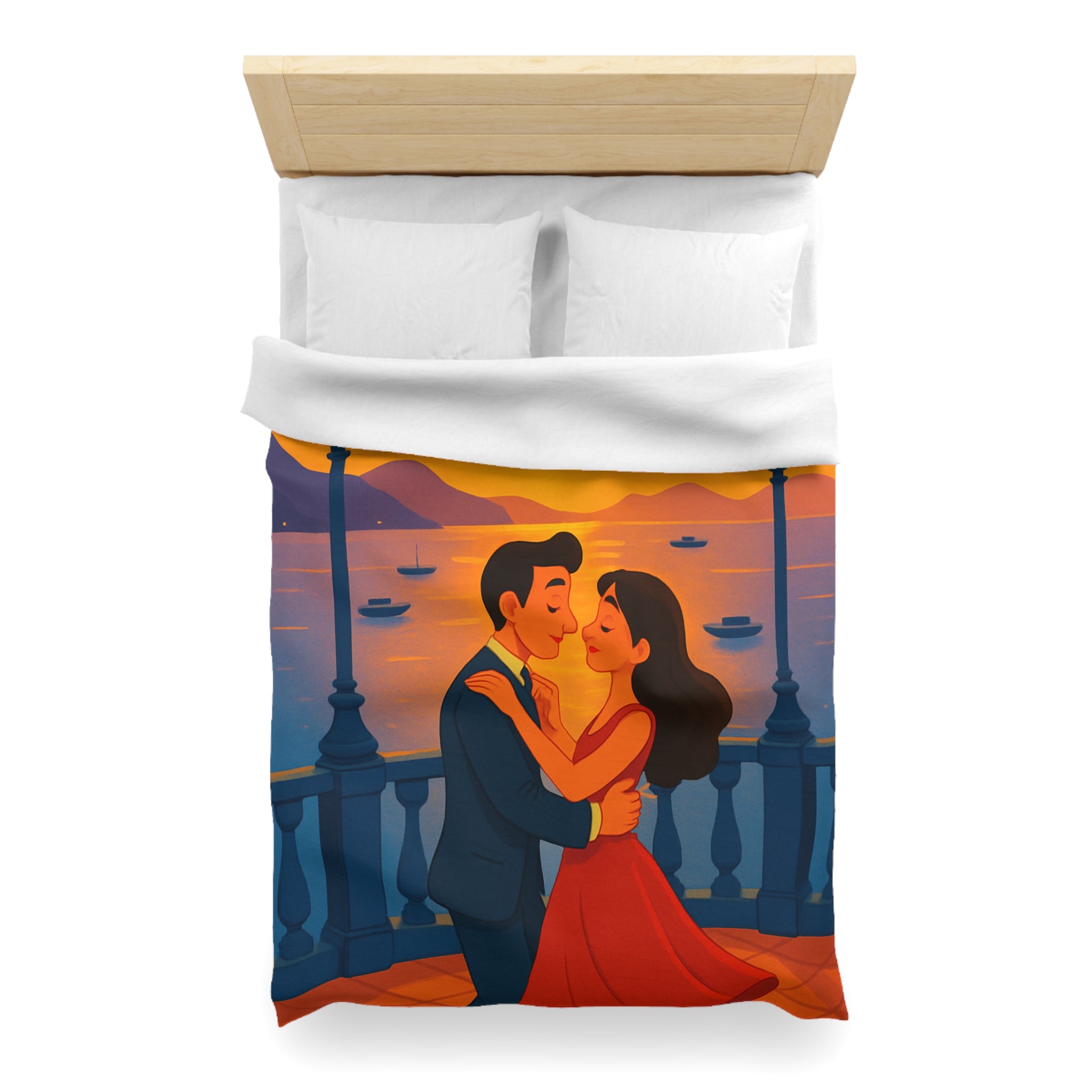 Housse de couette romantique coucher de soleil couple dansant au bord de mer