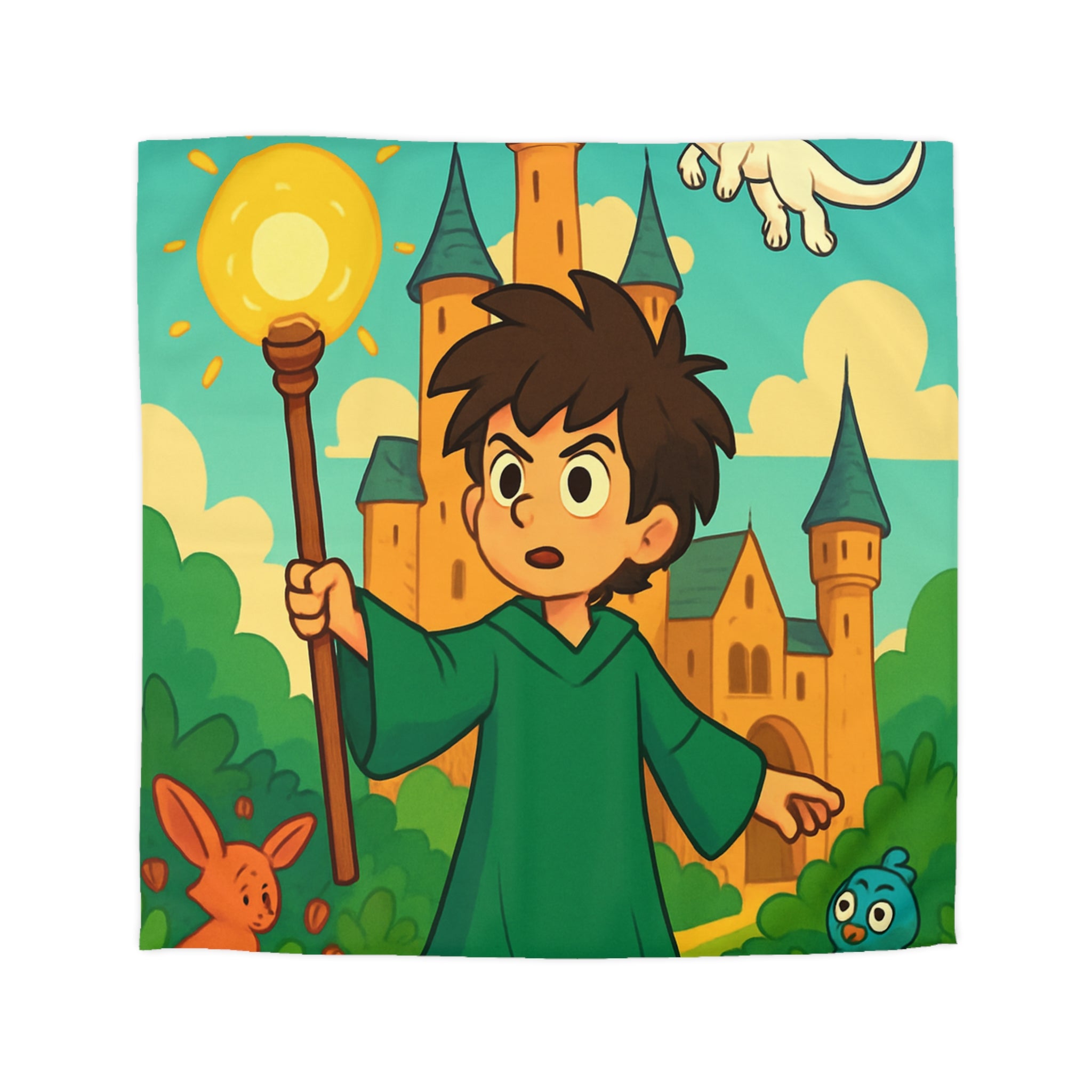 Housse de couette pour enfants avec château magique, dragon et petit magicien coloré