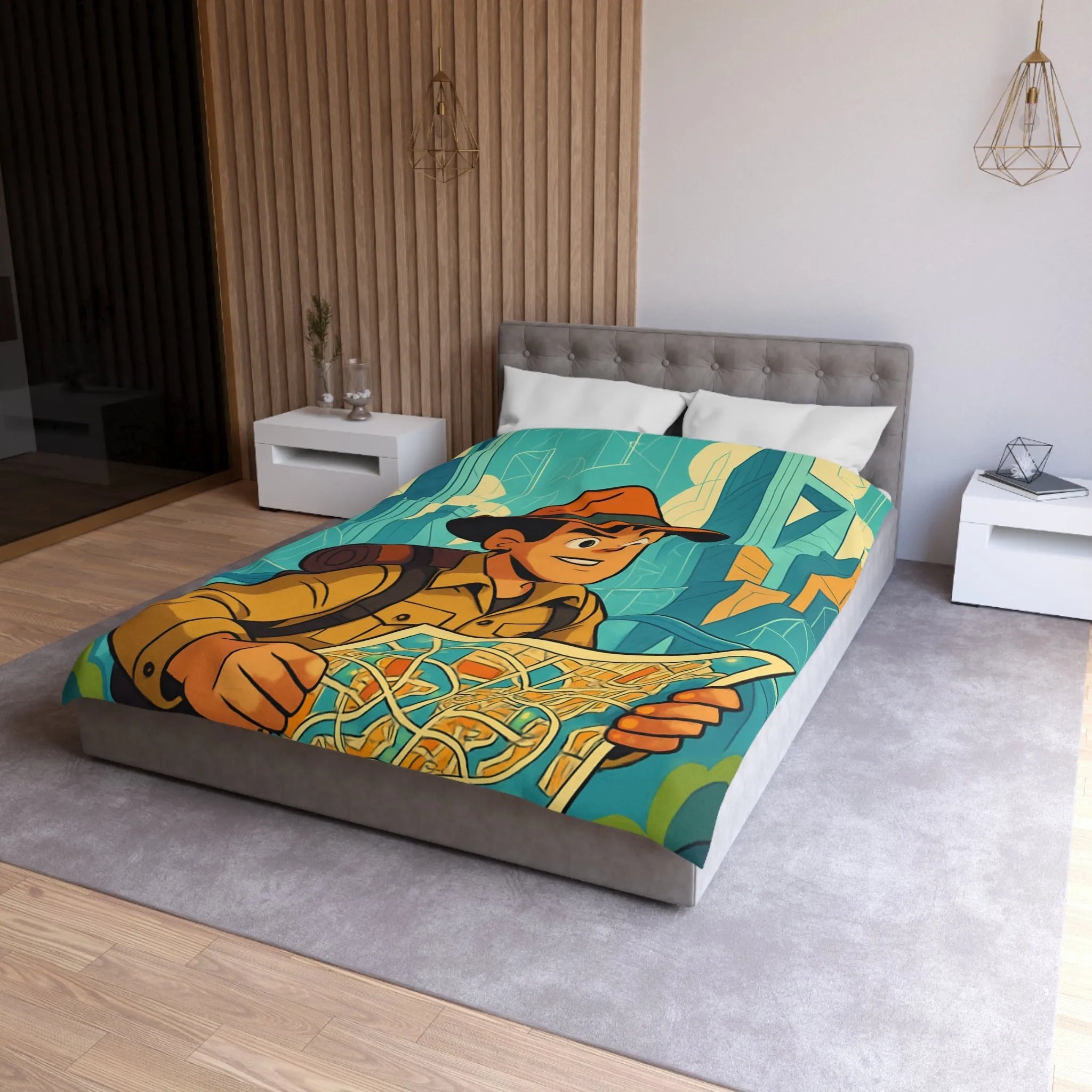 Découverte urbaine vibrante : jeune explorateur avec carte et gratte-ciels illustrés