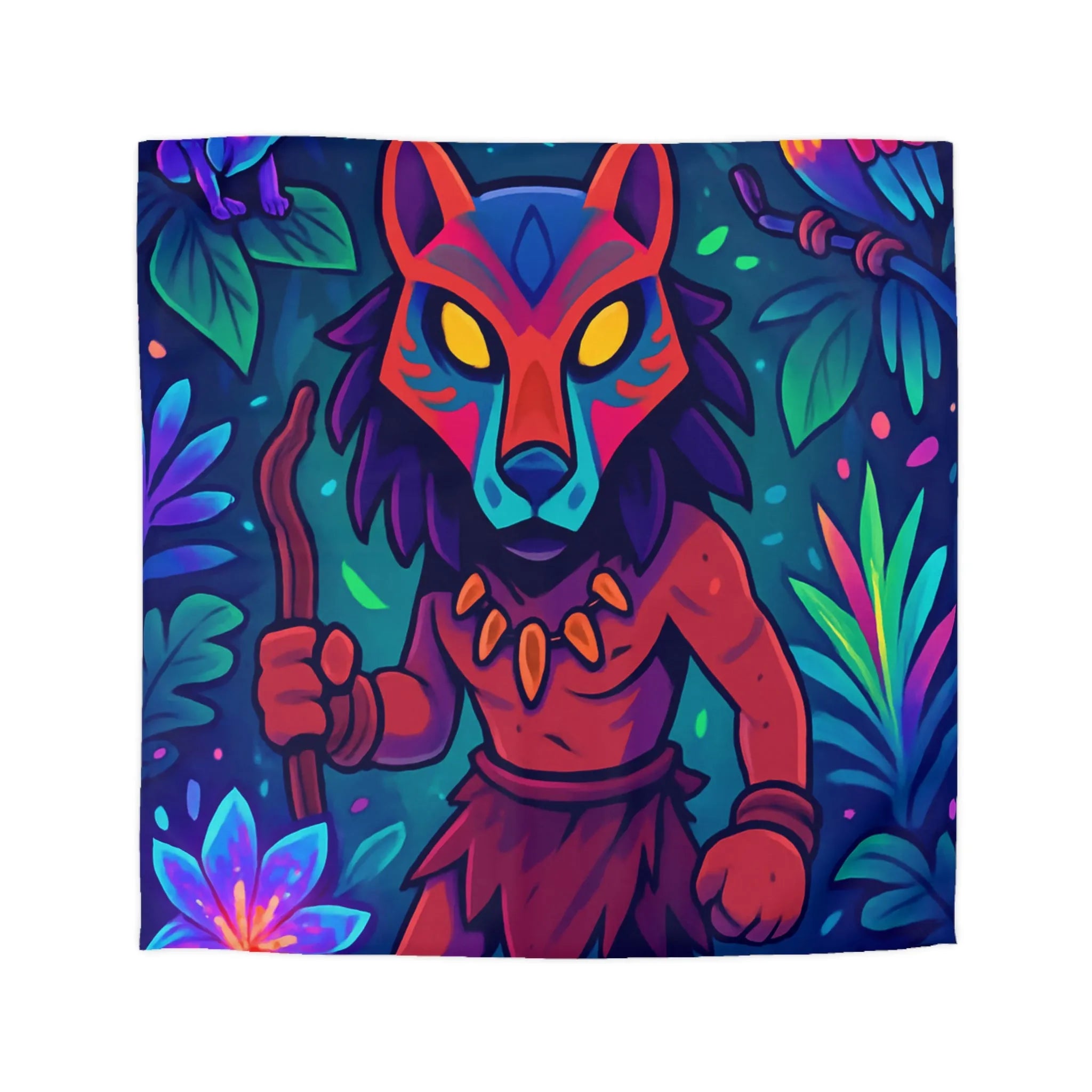 Housse de couette jungle avec guerrier masqué, animaux vibrants et feuillage exotique