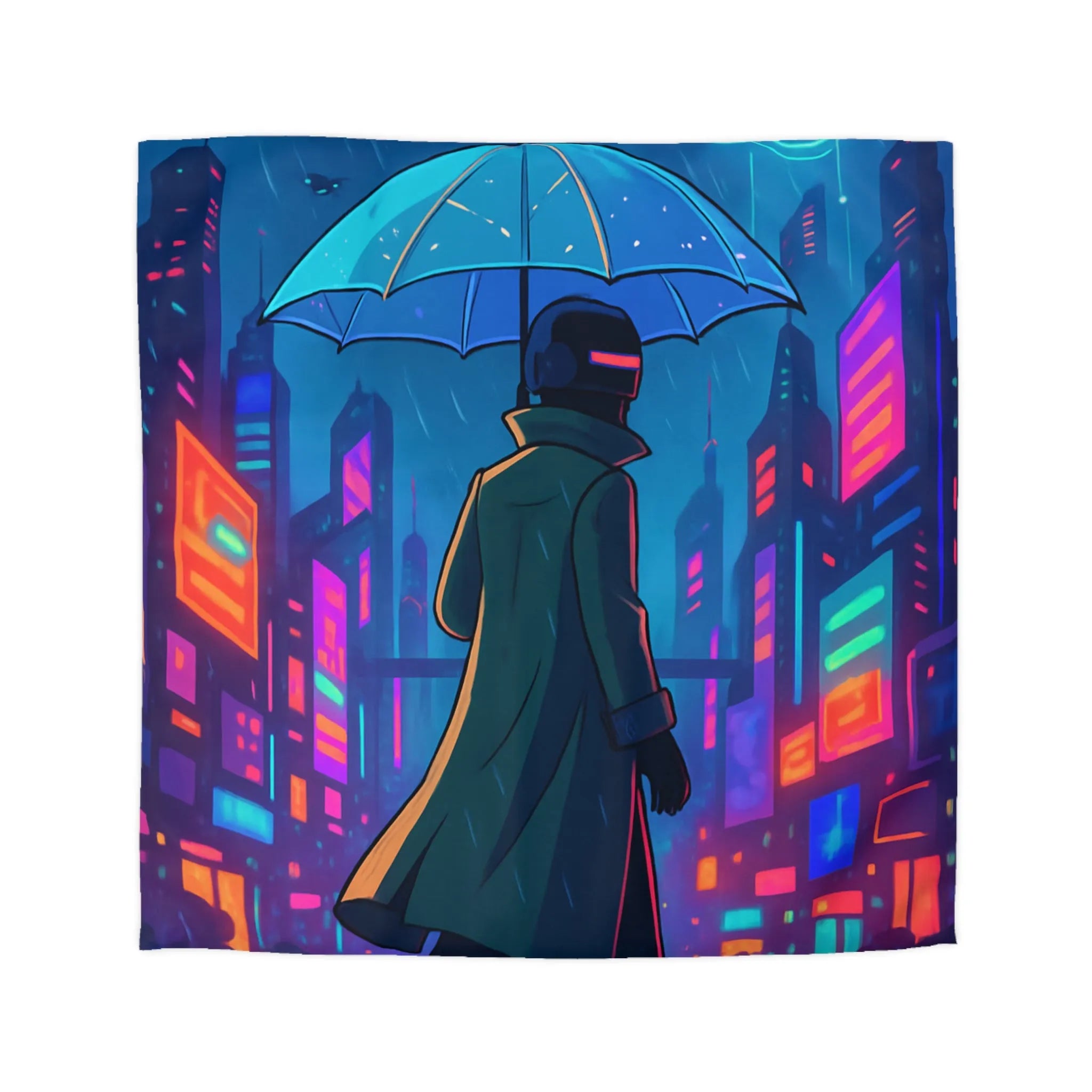 Housse de Couette Design Futuriste Ville Néon avec Parapluie et Pluie Nocturne