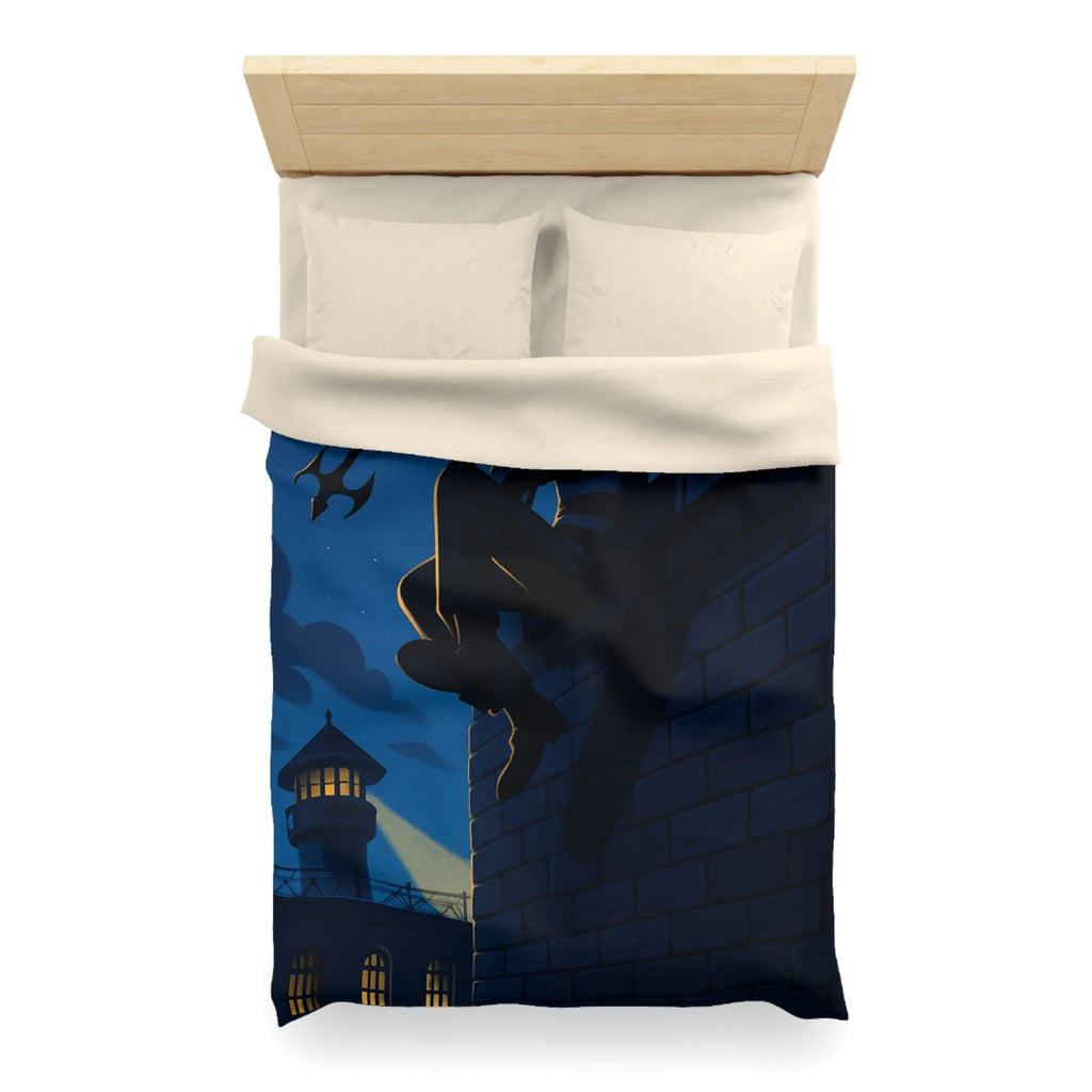 Housse de couette avec artiste en fuite sous ciel étoilé, ambiance nocturne captivante
