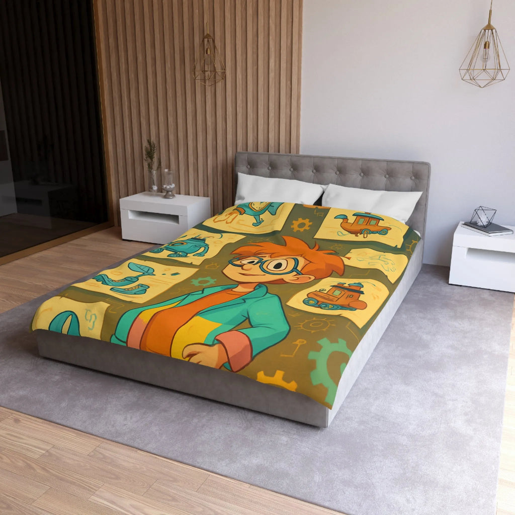 Housse de couette enfant motifs inventeur créatif pour chambre ludique et colorée