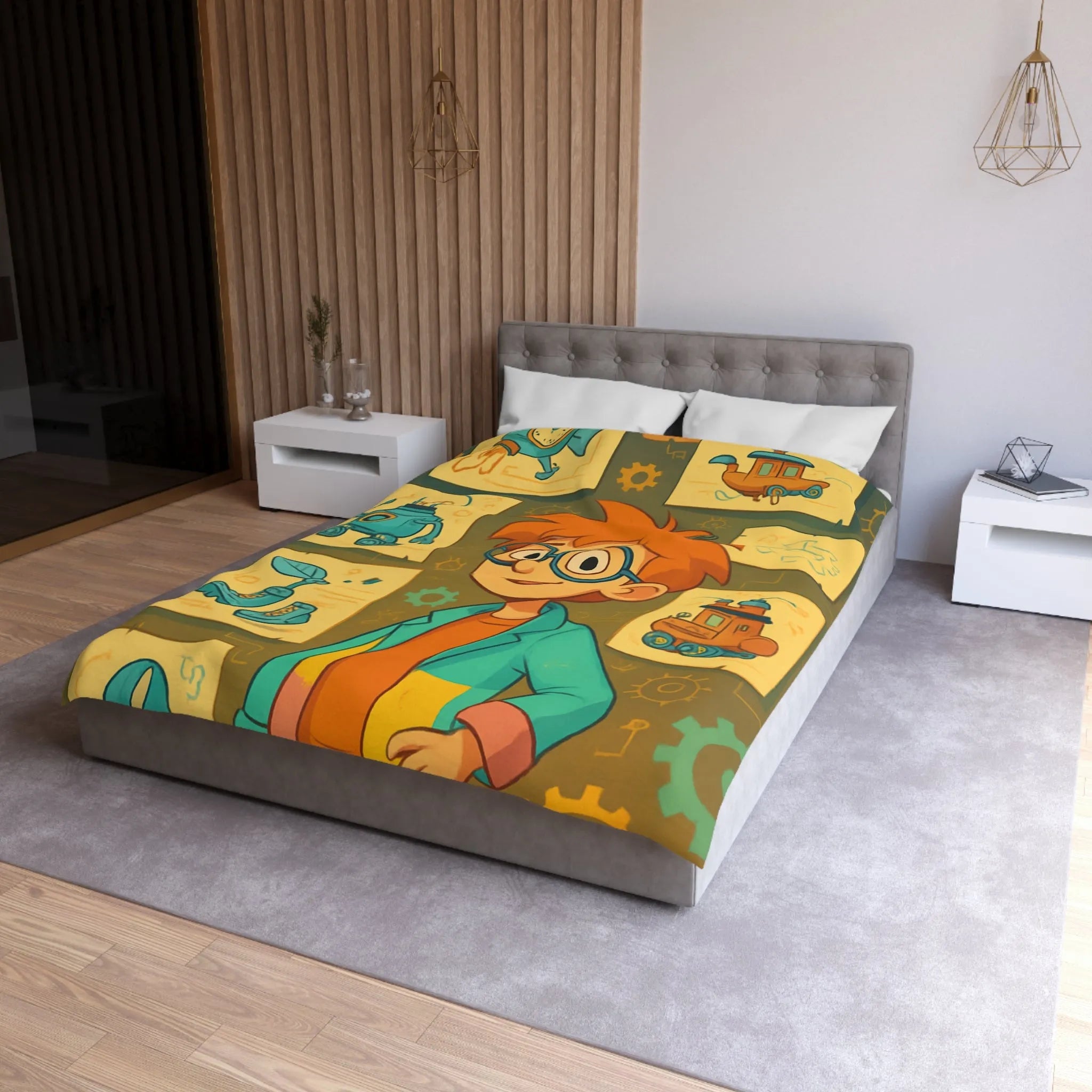 Housse de couette enfant motifs inventeur créatif pour chambre ludique et colorée