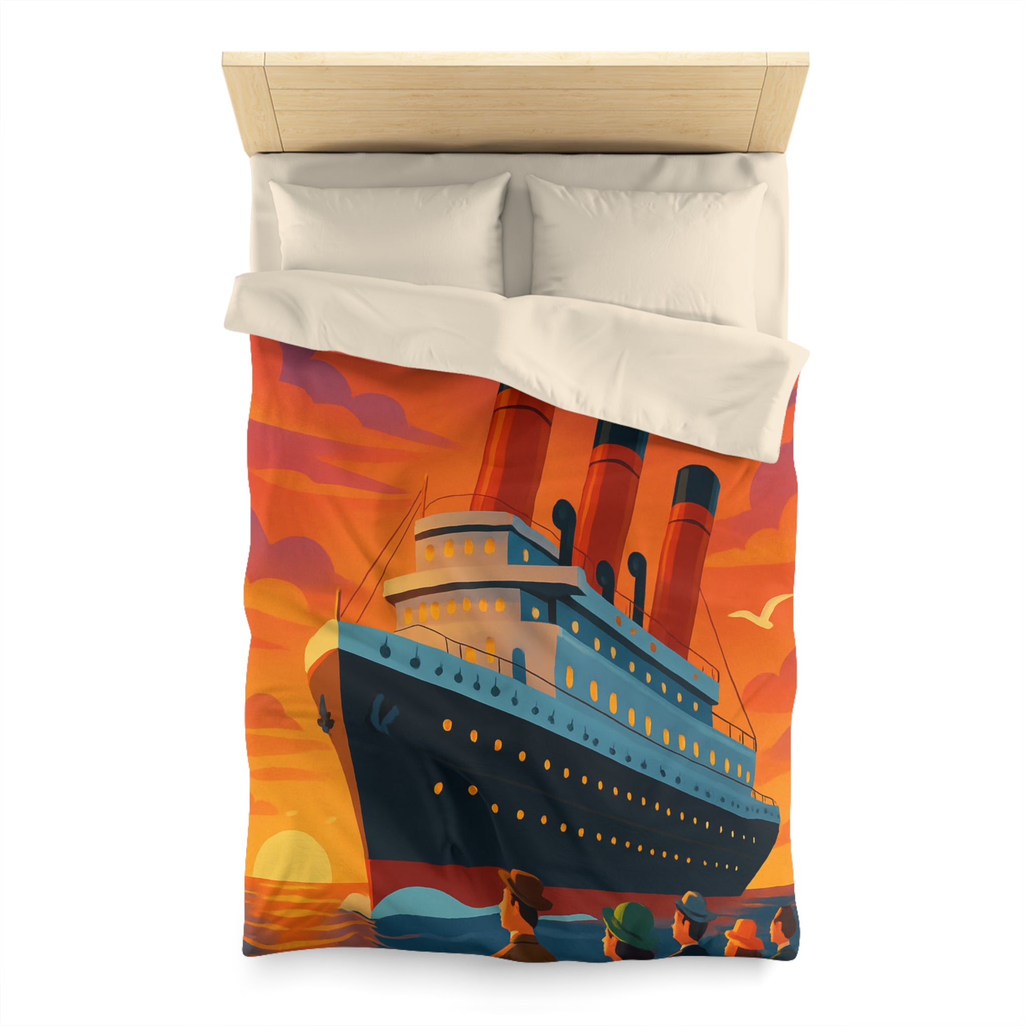 Superbe housse de couette avec paquebot vintage sous un coucher de soleil flamboyant