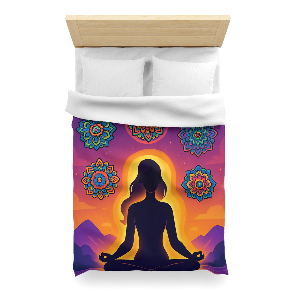 Paisible méditation silhouettée avec mandalas colorés et paysage crépusculaire serein et enchanteur