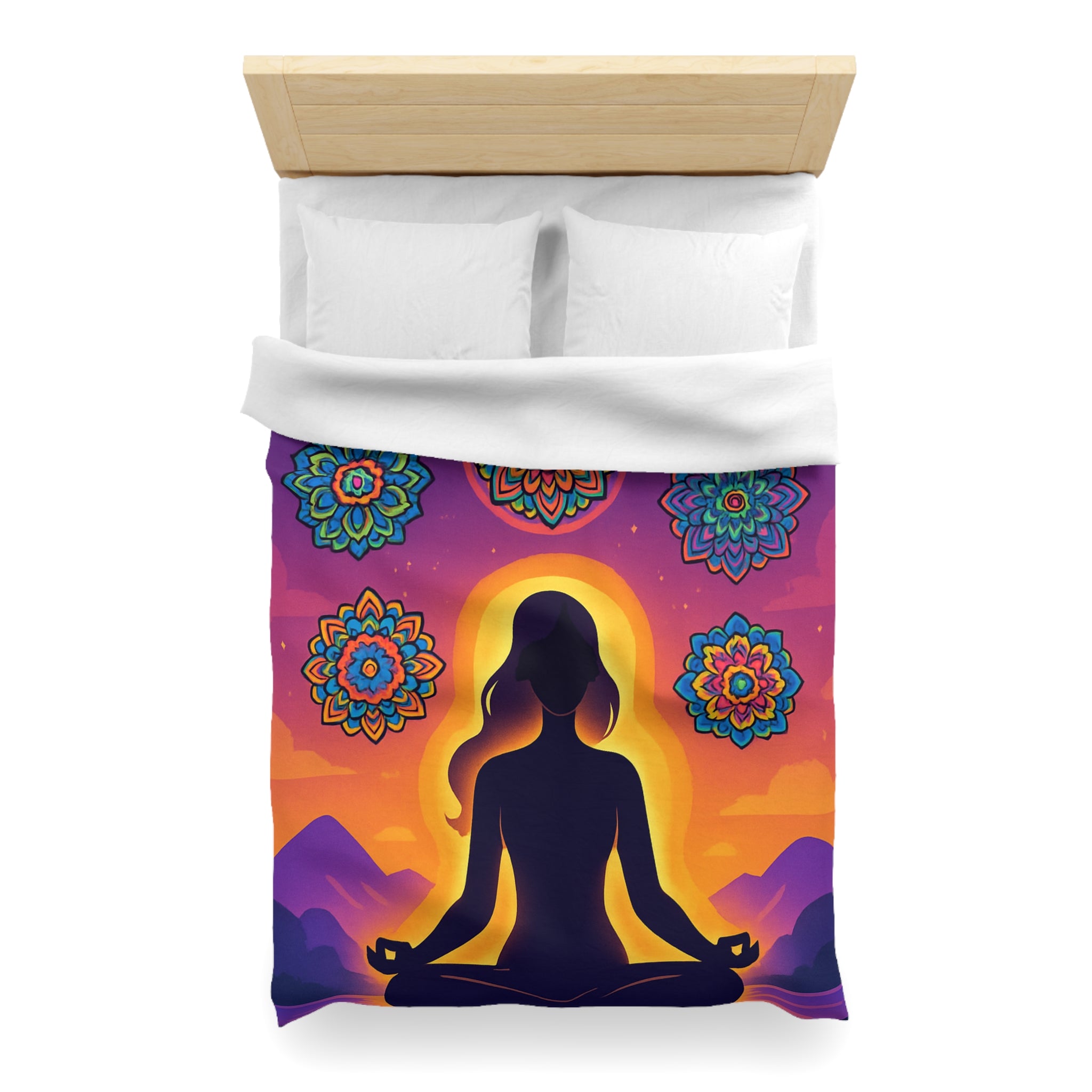 Paisible méditation silhouettée avec mandalas colorés et paysage crépusculaire serein et enchanteur