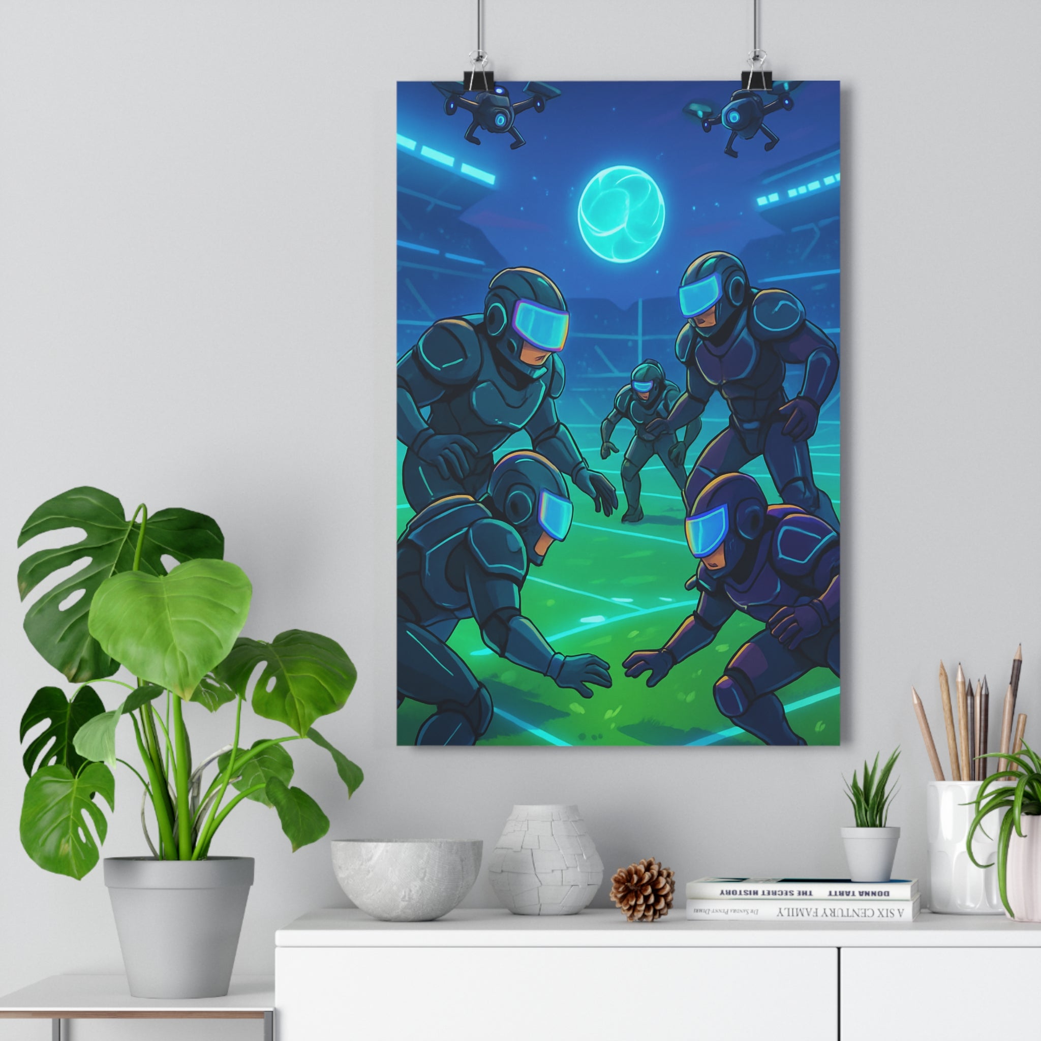 Poster décoratif rugby futuriste moderne bleu vert bureau dynamique hightech ambiance sportive original unique