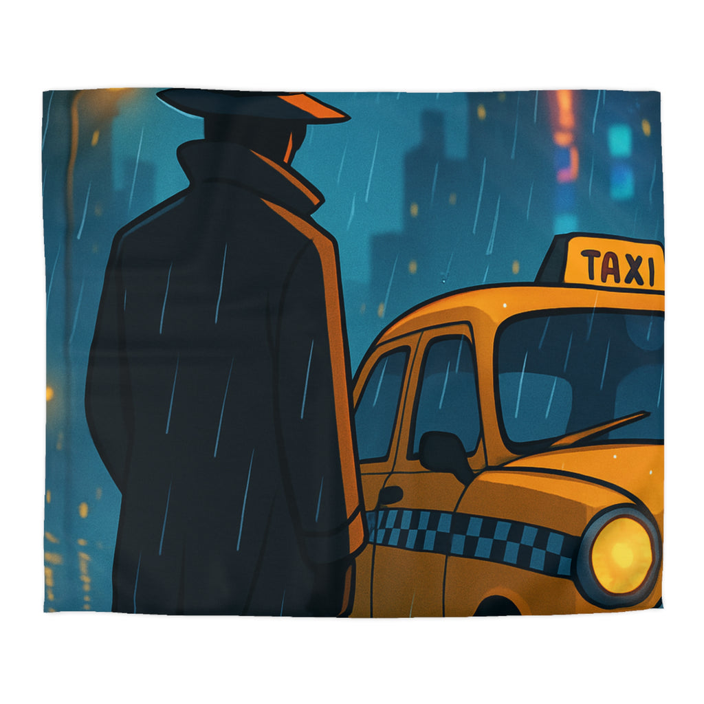 Mystérieux Homme En Imper Parapluie Noir Attendant Taxi Jaune Sous Pluie Urbaine Nocturne