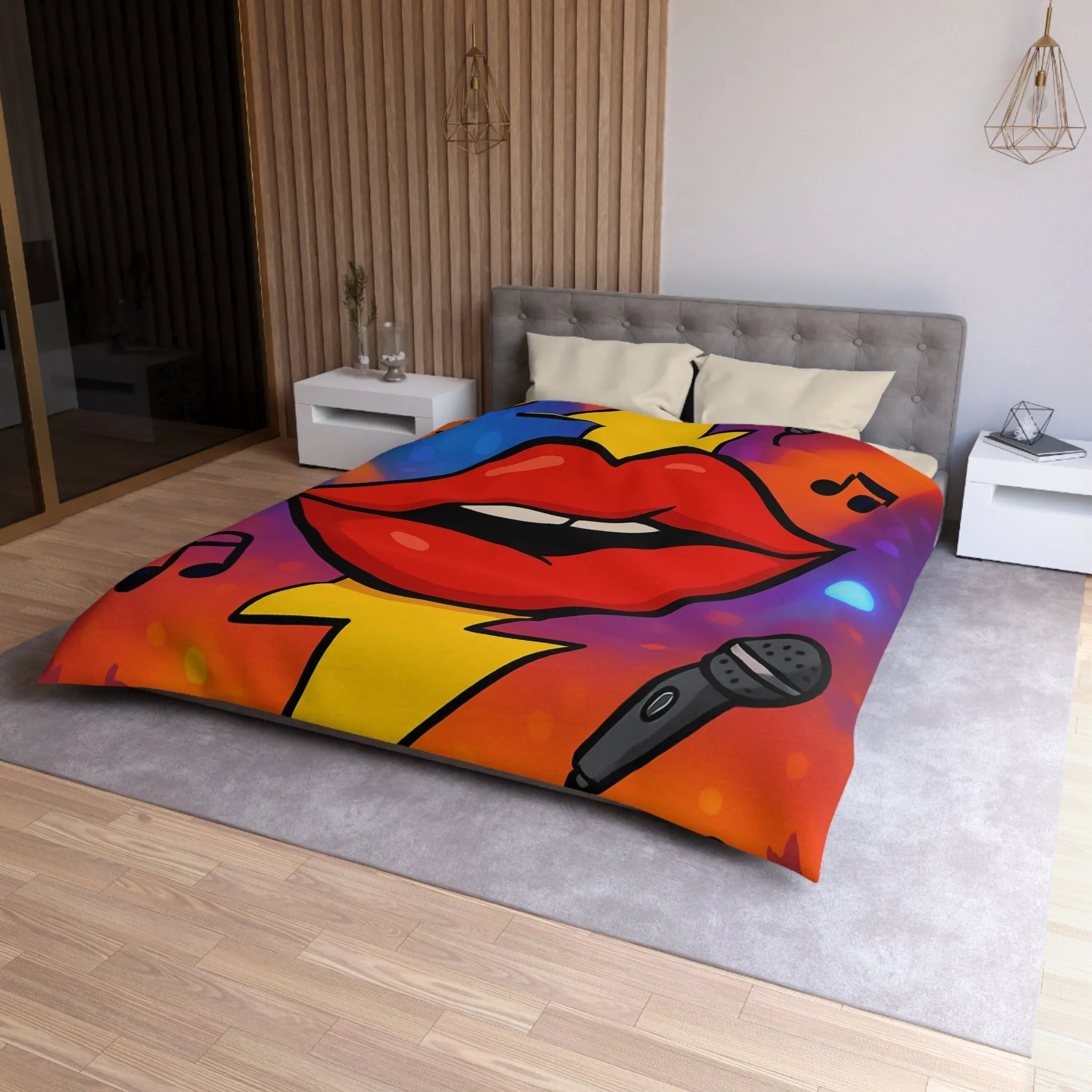 Housse de couette design rock multicolore avec lèvres éclairs, micros et guitares