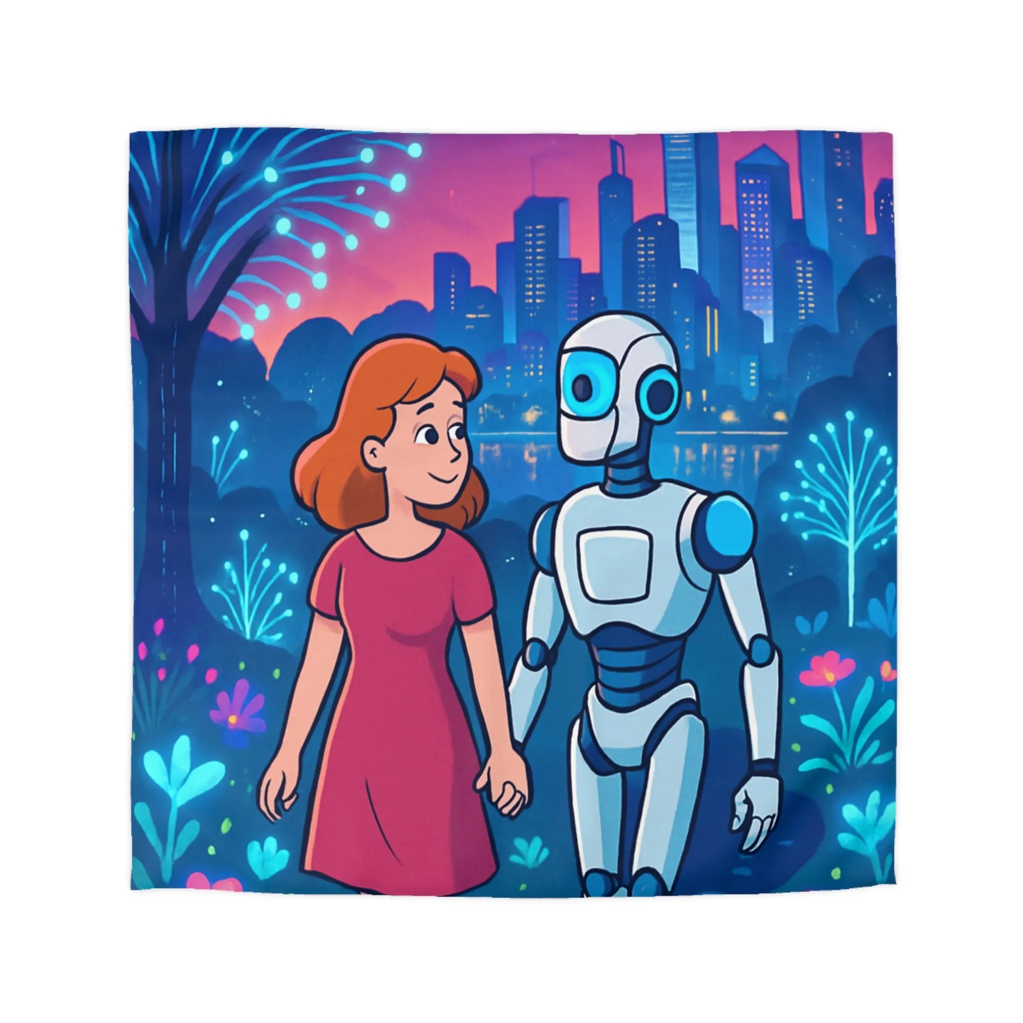 Housse de Couette Enchantée: Enfant et Robot dans un Univers Coloré et Futuriste