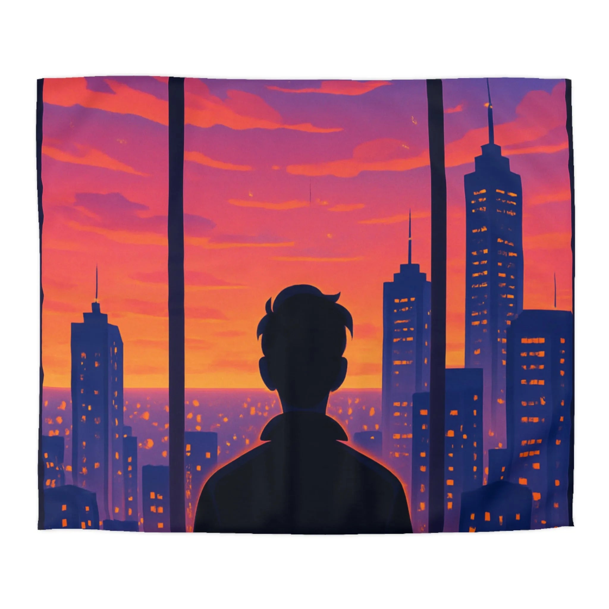 Housse de Couette Colorée avec Silhouette de Personne Devant Ville au Crépuscule