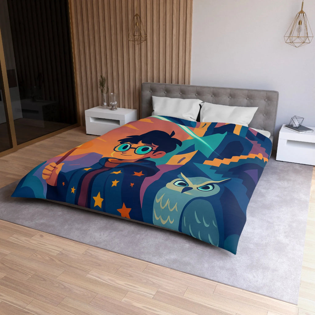 Housse de couette magique avec motif de garçon sorcier et hibou lumineux