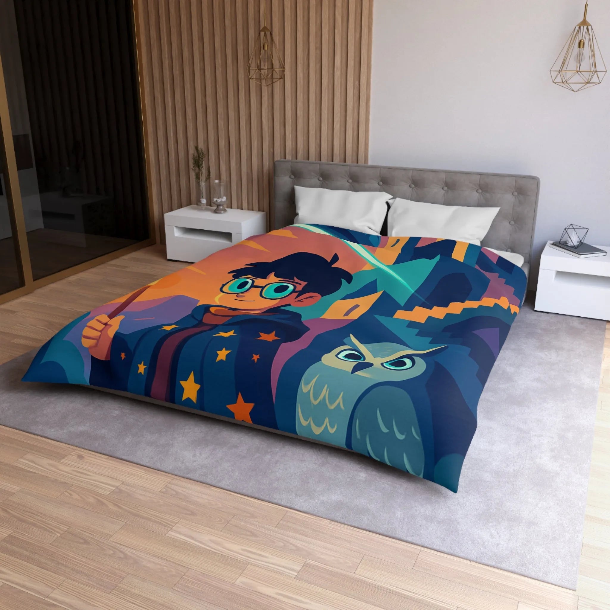 Housse de couette magique avec motif de garçon sorcier et hibou lumineux