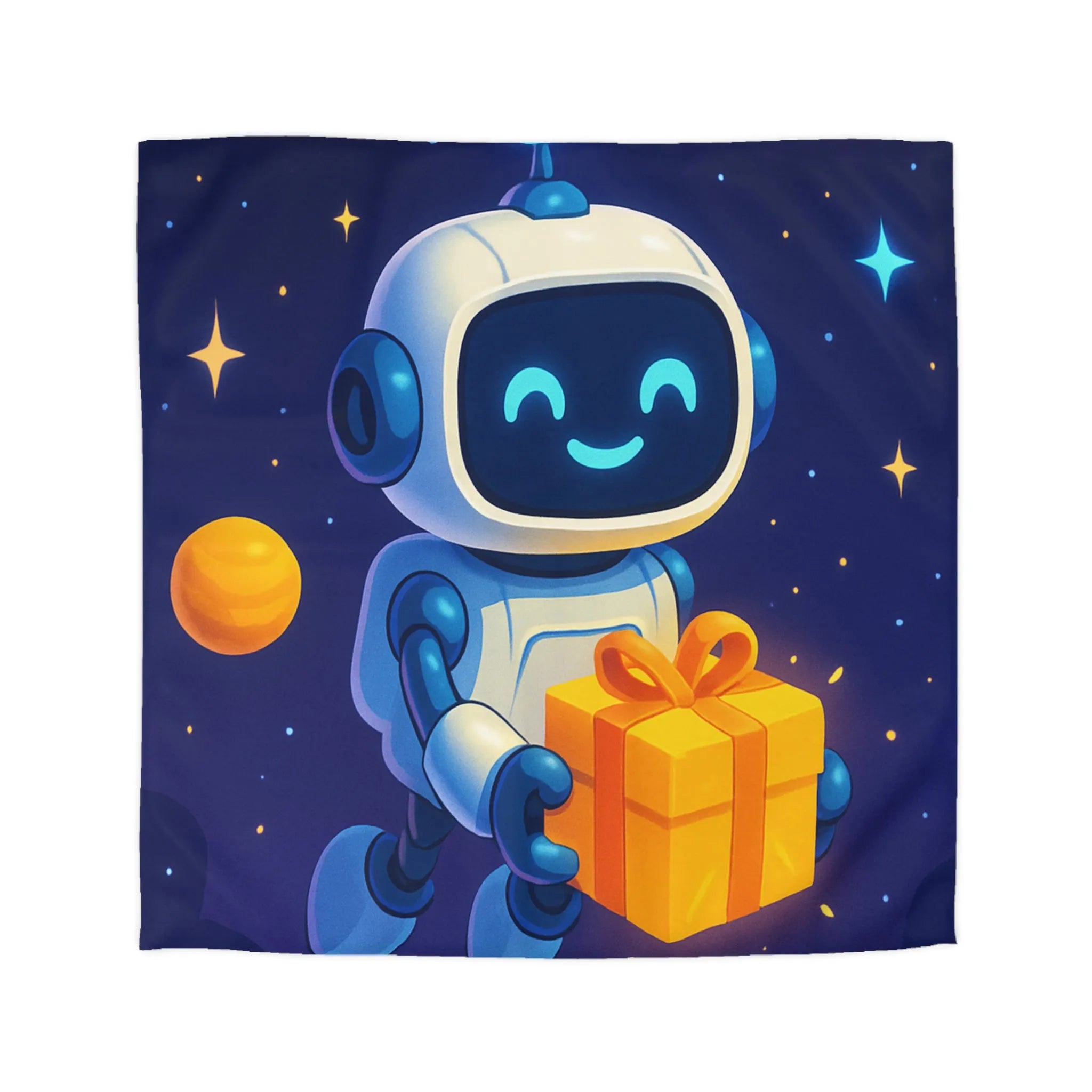 Housse de Couette Enfant Étoilée : Robot Heureux avec Cadeau dans l'Espace Coloré