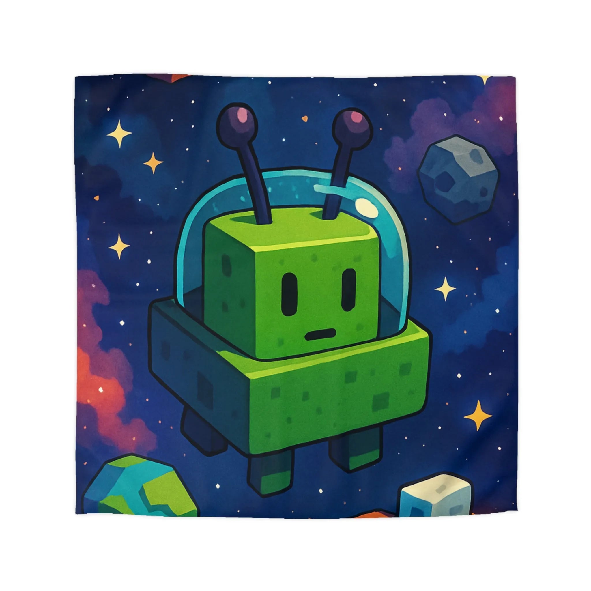 Housse de Couette Cosmos mignon extraterrestre vert cubique et planètes pixelisées