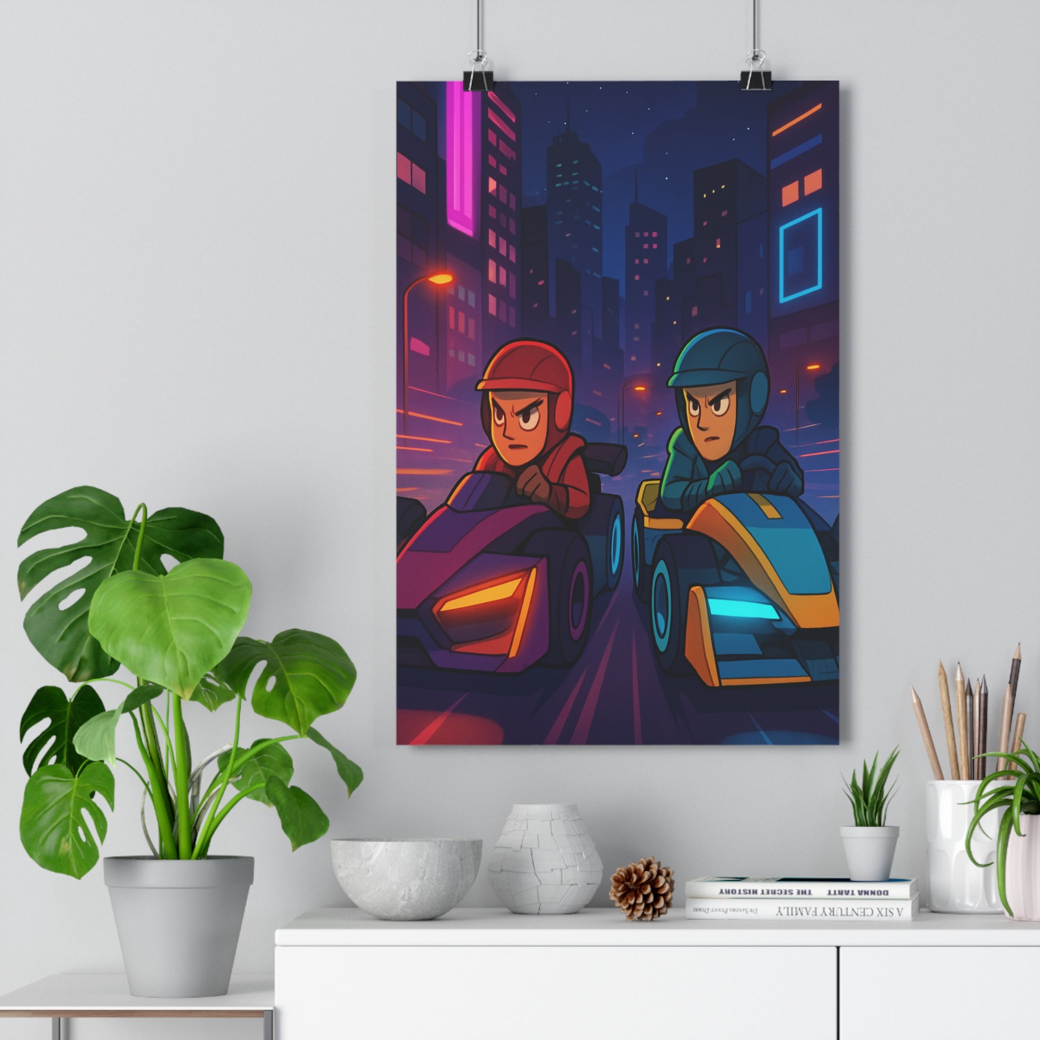 Poster décoratif néon cyberpunk rouge bleu course automobile futuriste ville nocturne bureau énergique 30x46