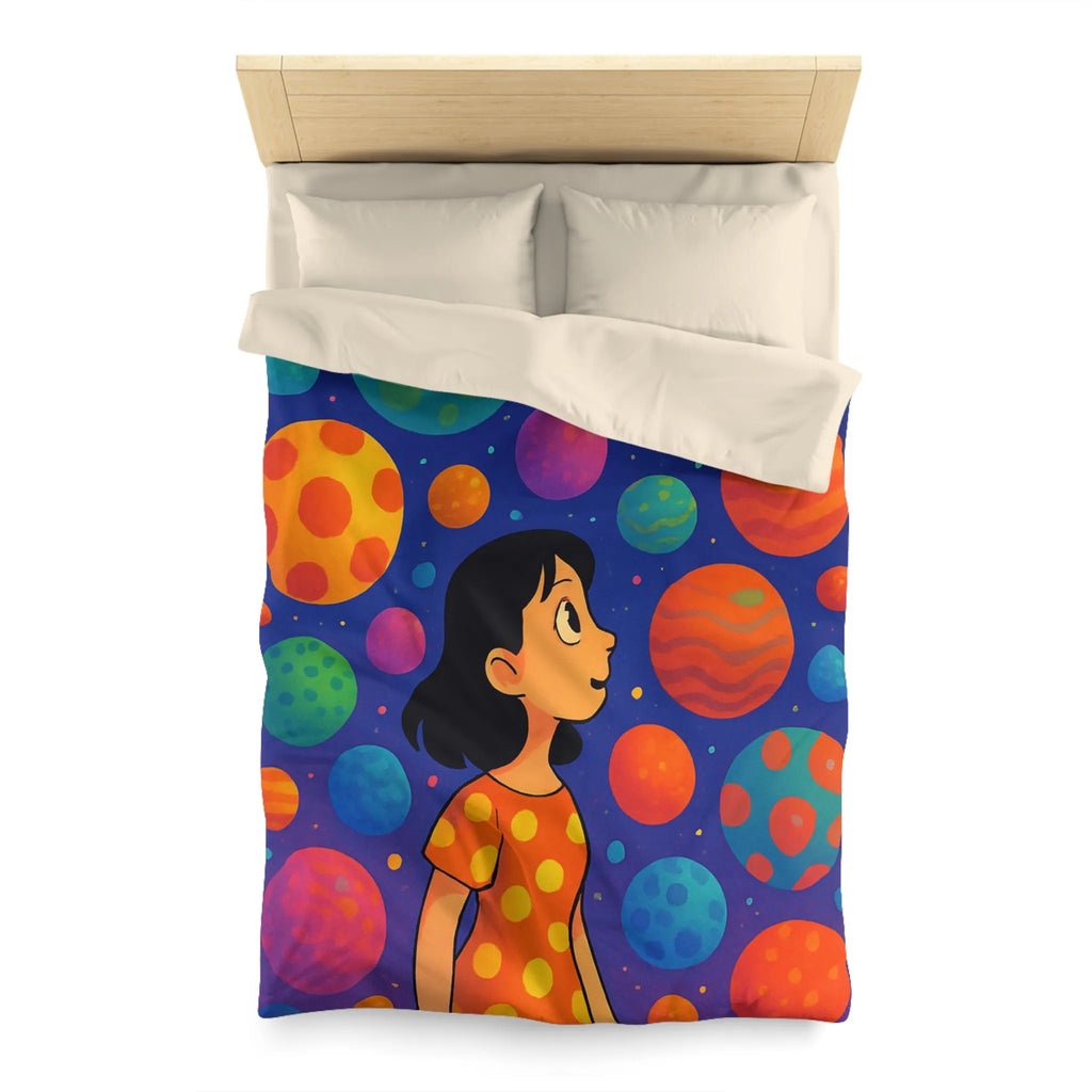 Housse de couette colorée avec motif de planètes et enfant rêveur dans l'espace