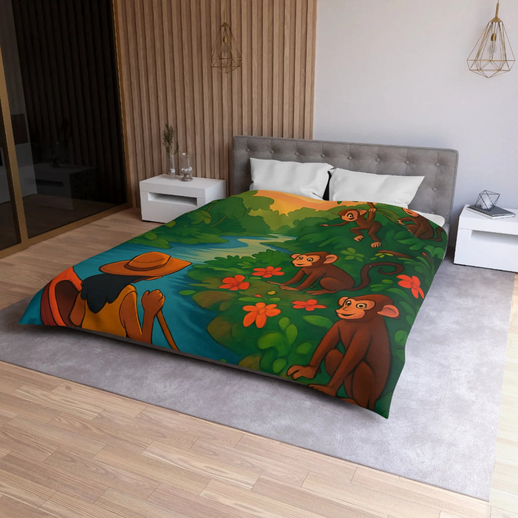 Housse de Couette Jungle avec Singes et Femme en Canot sur Rivière Tropicale