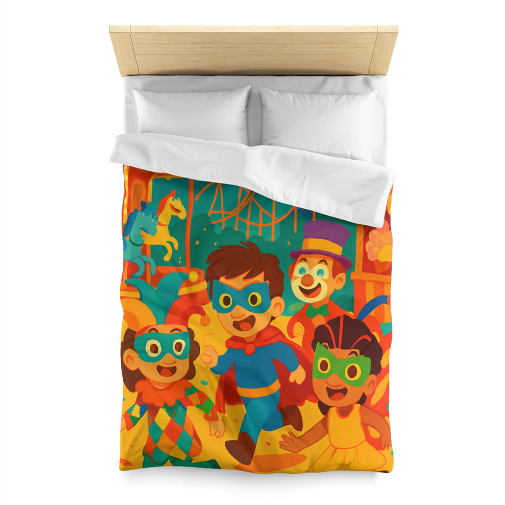 Joyeuse fête foraine avec enfants costumés courant joyeusement parmi attractions colorées nocturnes