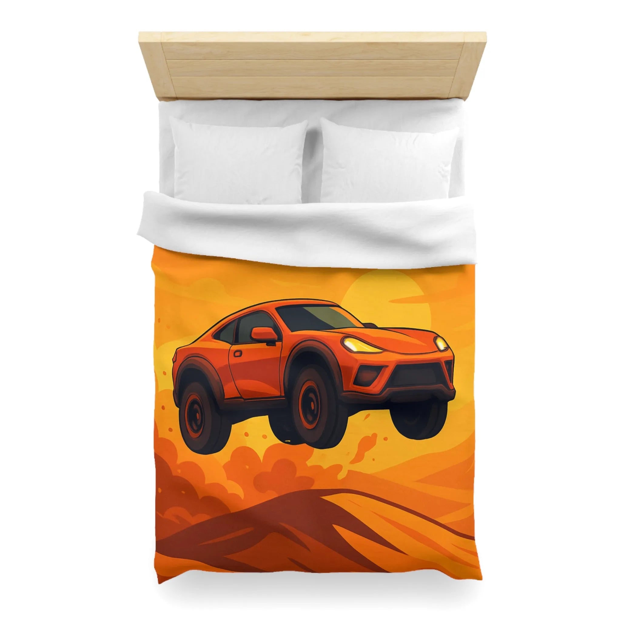 Housse de couette design voiture saut désert couleur orange coucher de soleil