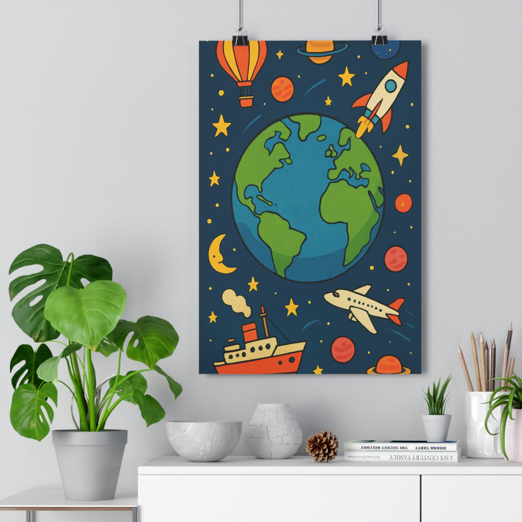 Poster décoratif dynamique mappemonde bleu vert orange céleste aventure chambre salon bureau futuriste unique