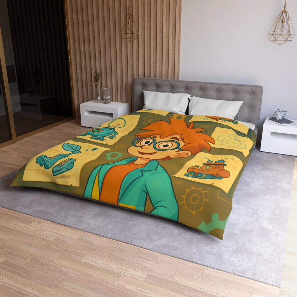 Housse de couette enfant motifs inventeur créatif pour chambre ludique et colorée