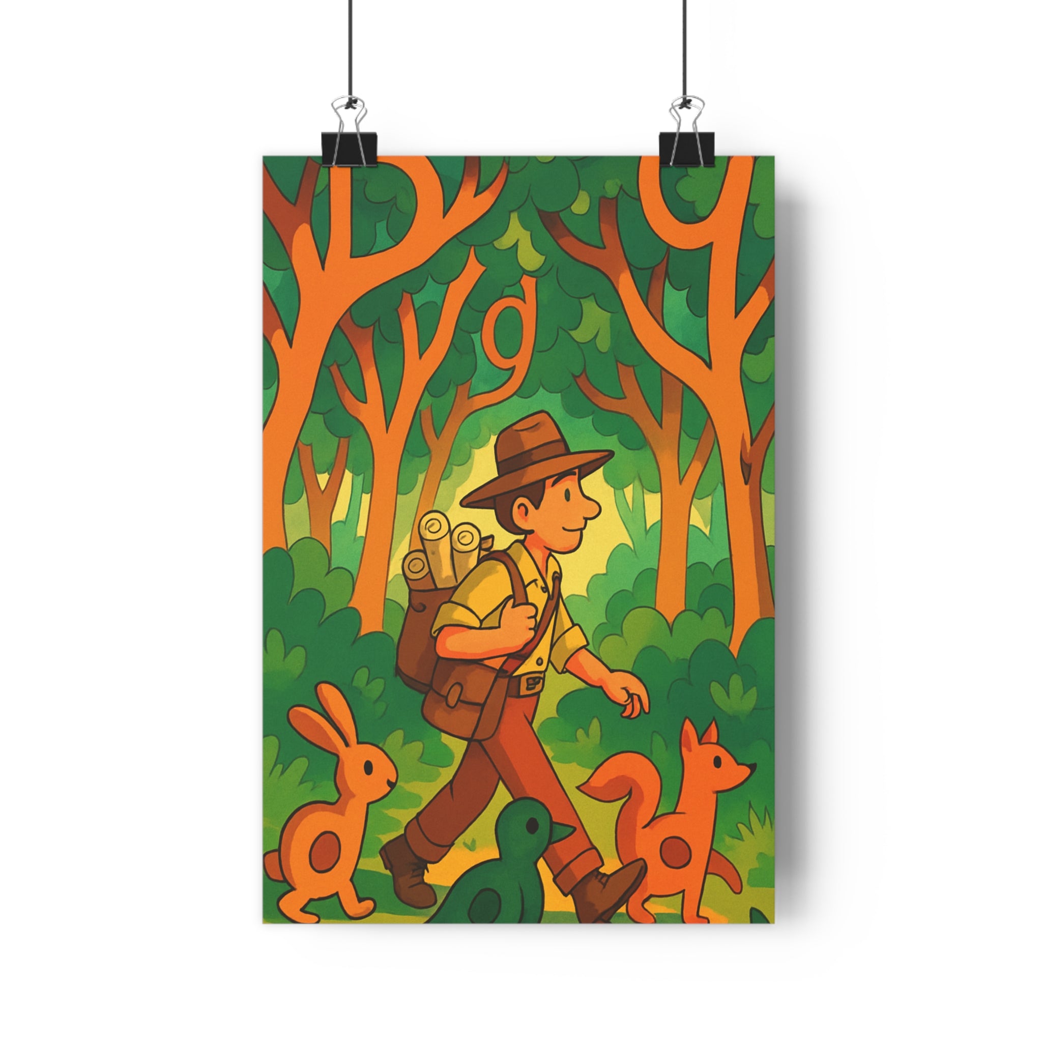 Poster décoratif cartoon forêt aventure marron vert chambre enfant design ludique qualité explorateur créativité