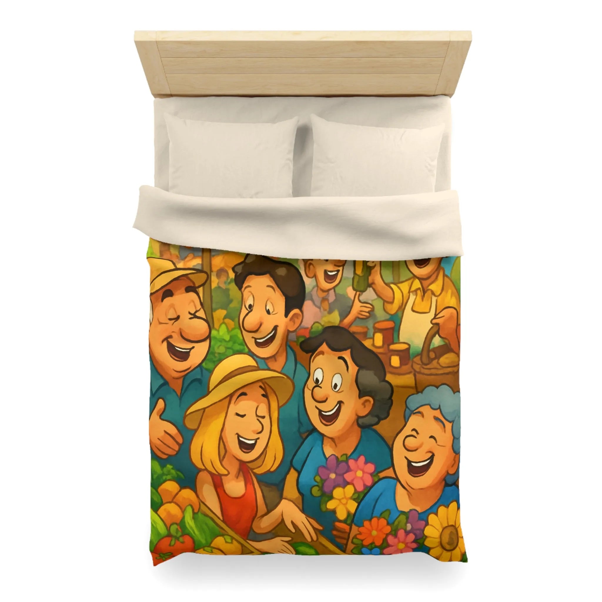 Housse de couette avec illustration joyeuse d'un marché animé et coloré